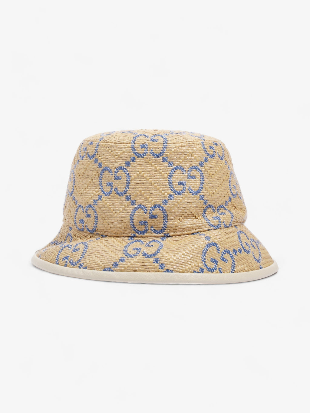 Gucci GG Raffia Effect Bucket Hat Natural / Blue Polyamide Large
