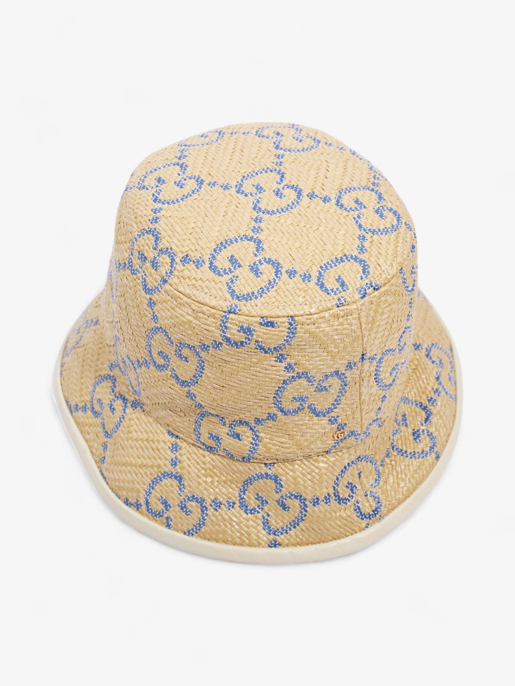 Gucci GG Raffia Effect Bucket Hat Natural / Blue Polyamide Large