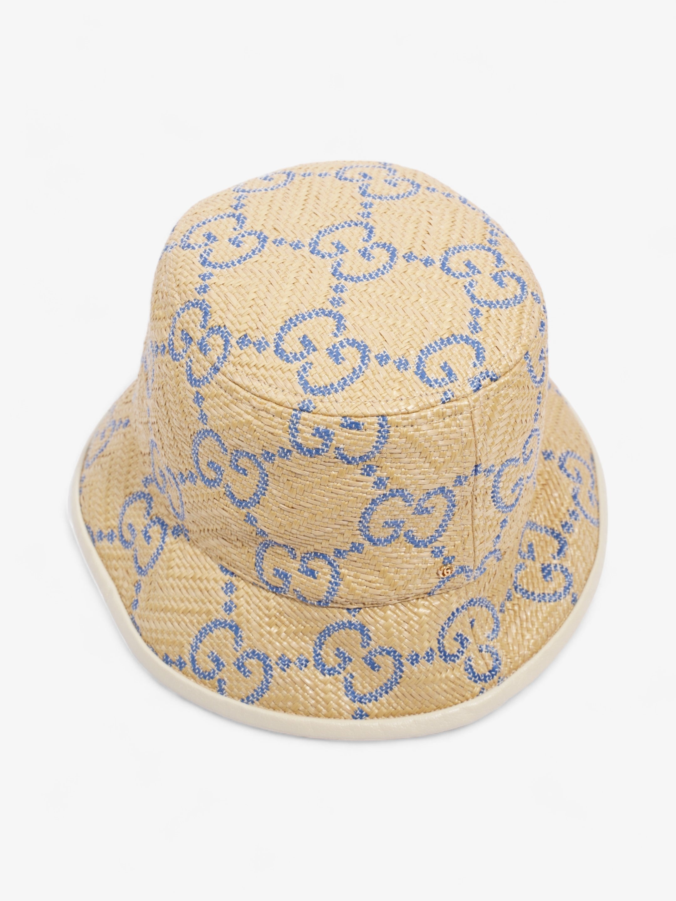 Gucci GG Raffia Effect Bucket Hat Natural / Blue Polyamide Large