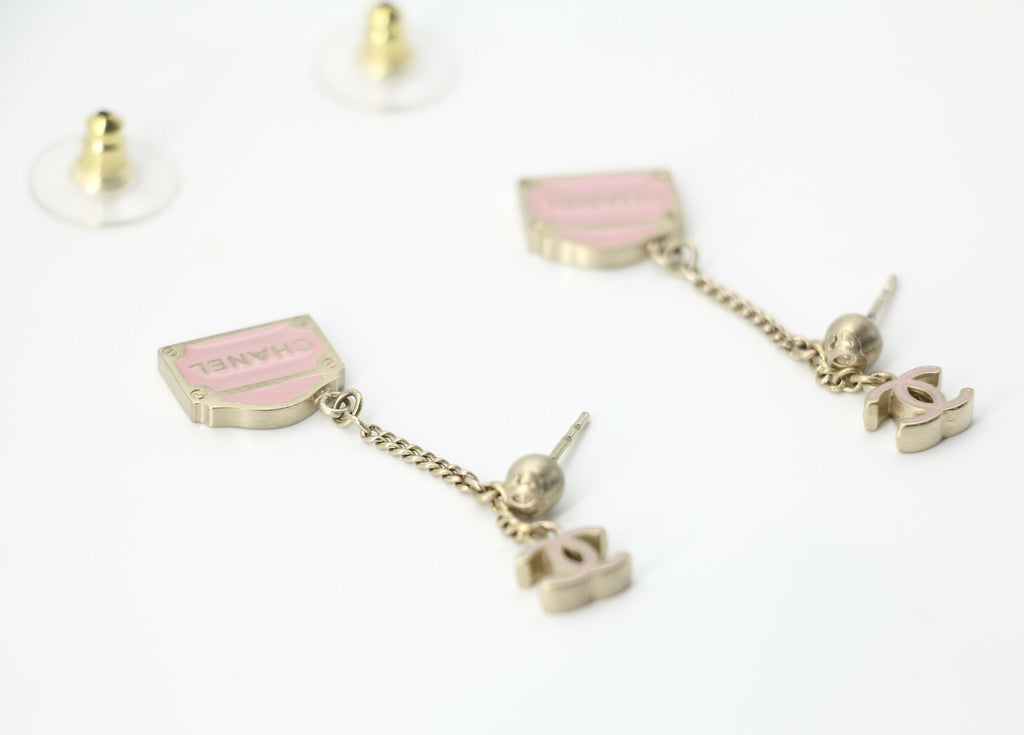 Chanel Vintage 01 Enamel Pink Purse Rue Cambon CC Dangle Stud Earrings