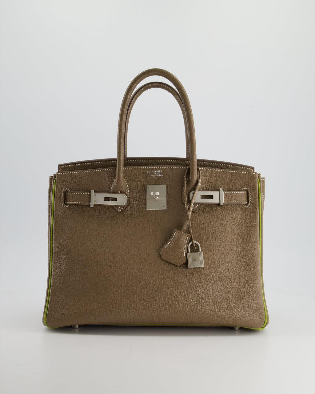 Hermès HSS Birkin 30 Retourne Bag in Etoupe & Vert Anis Chèvre Mysore with Brushed Palladium Hardware