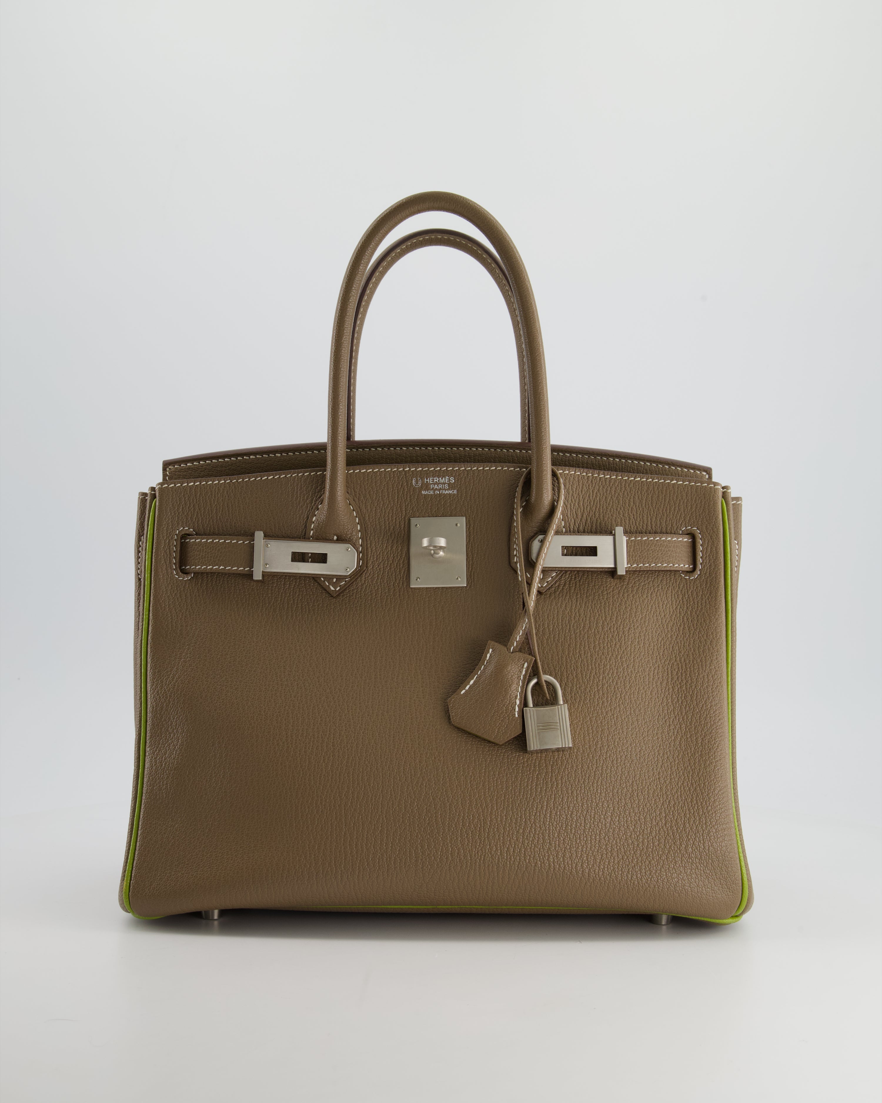 Hermès HSS Birkin 30 Retourne Bag in Etoupe & Vert Anis Chèvre Mysore with Brushed Palladium Hardware