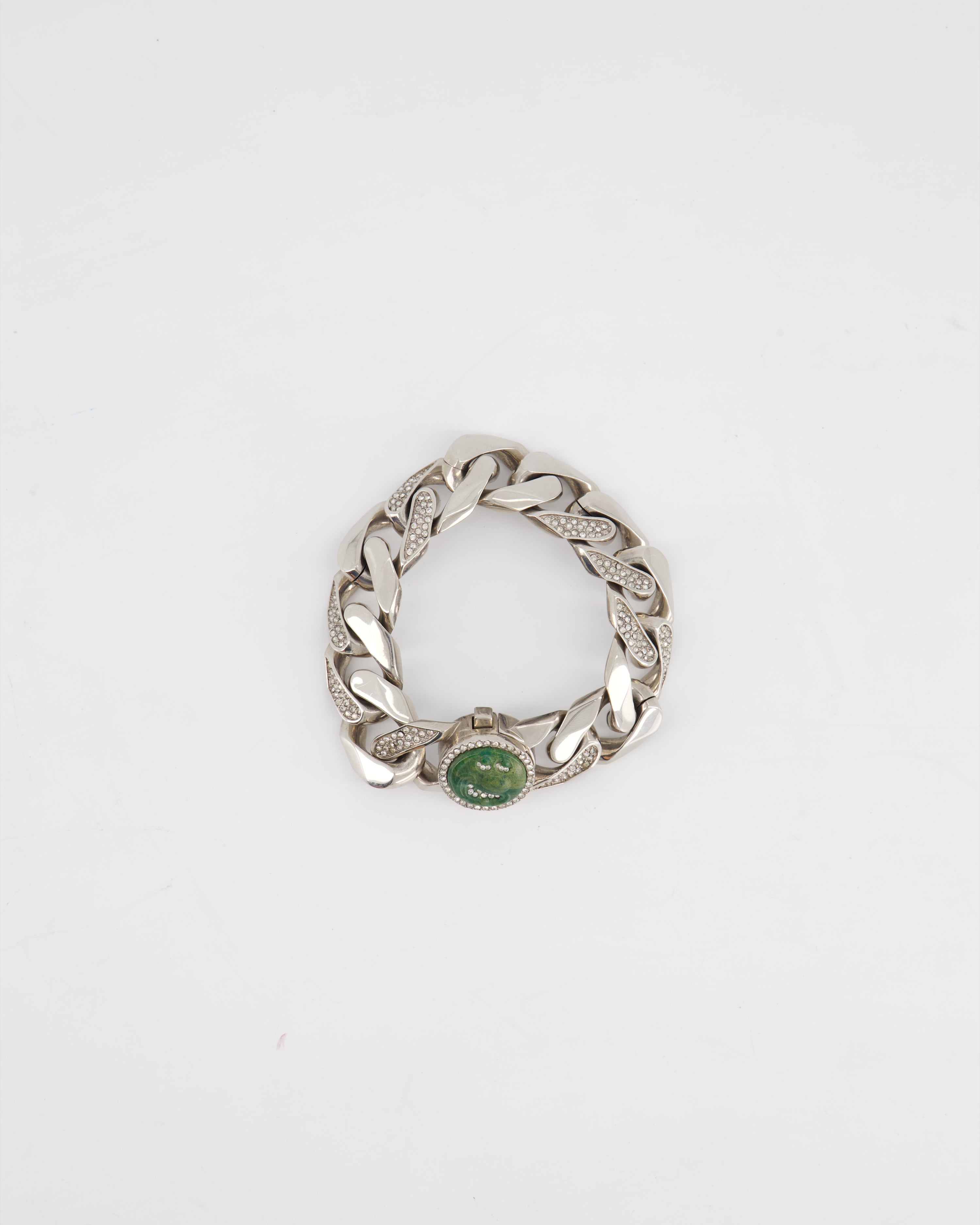 Christian Dior X Kenny Scharf Silver Cuban Link Bracelet with Jade Stone and Crystals