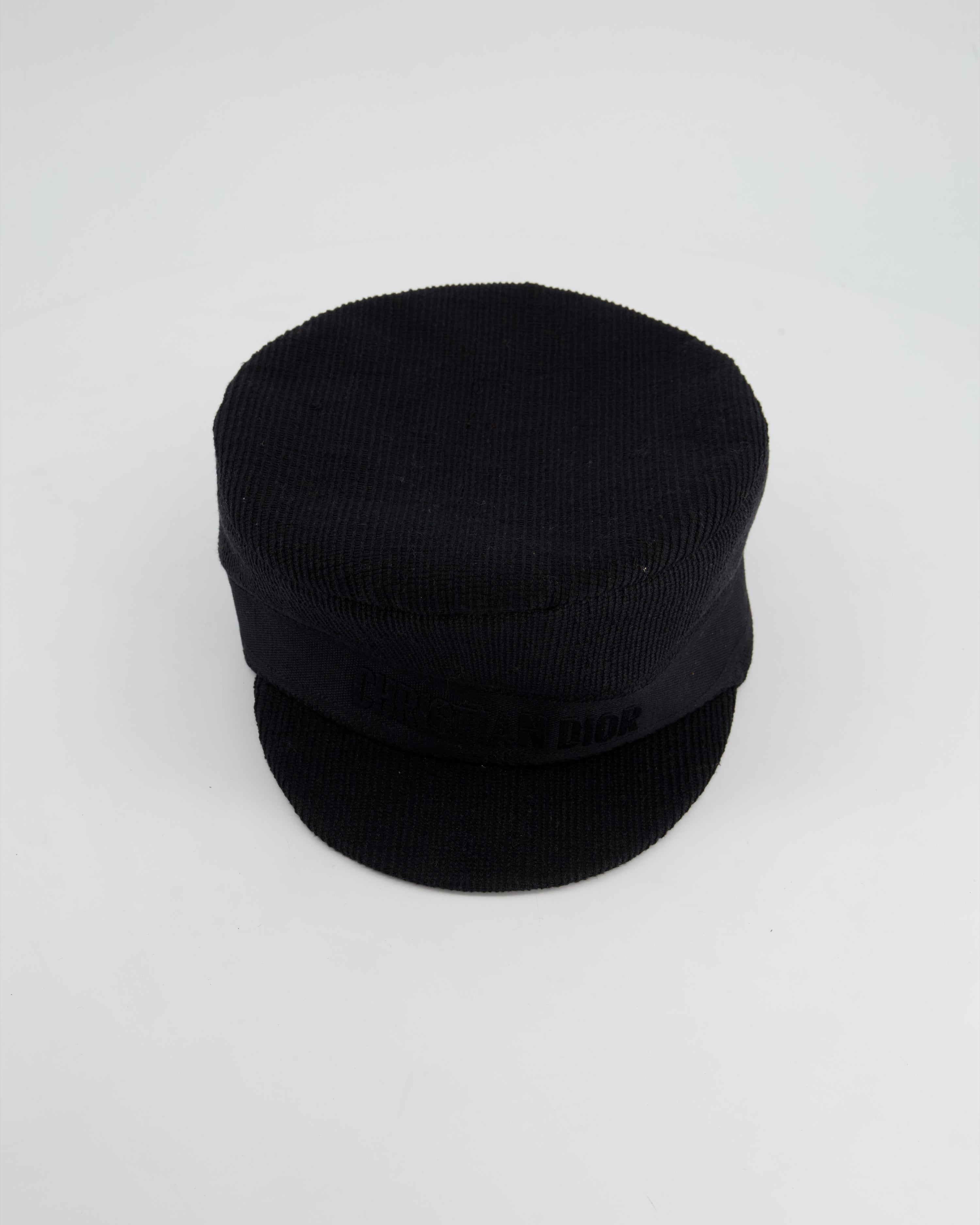 Christian Dior Black Ribbed Baker Boy Hat with Logo Detail Size 58cm