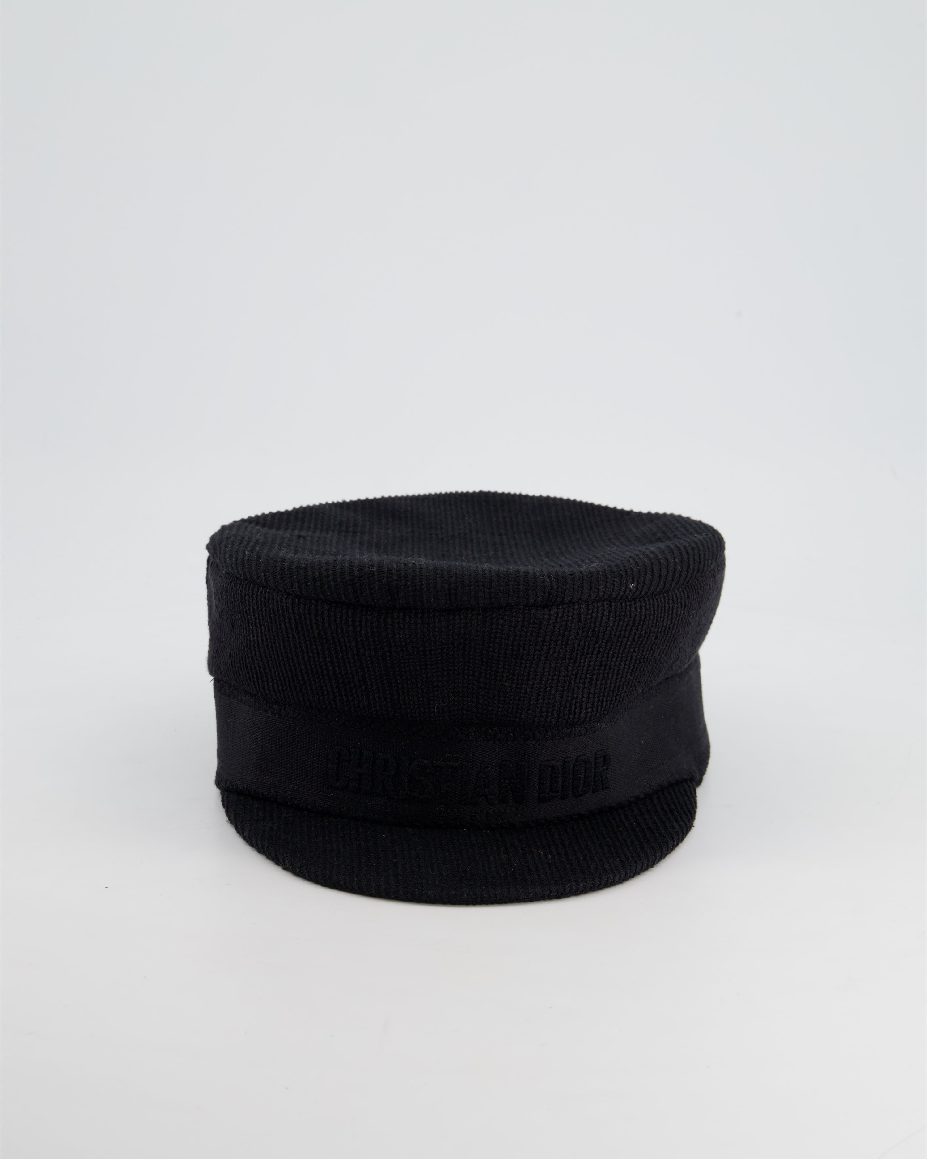 Christian Dior Black Ribbed Baker Boy Hat with Logo Detail Size 58cm