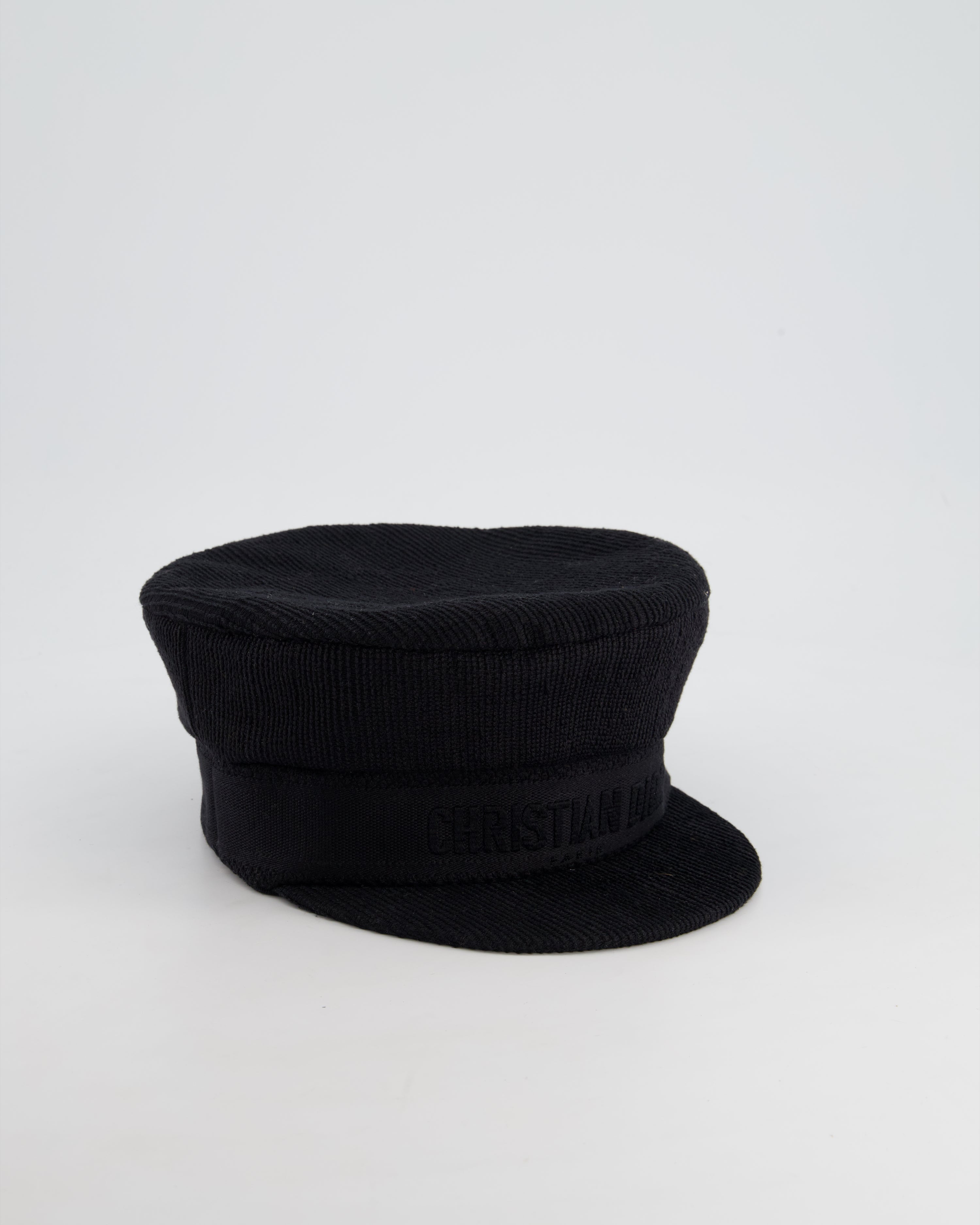 Christian Dior Black Ribbed Baker Boy Hat with Logo Detail Size 58cm