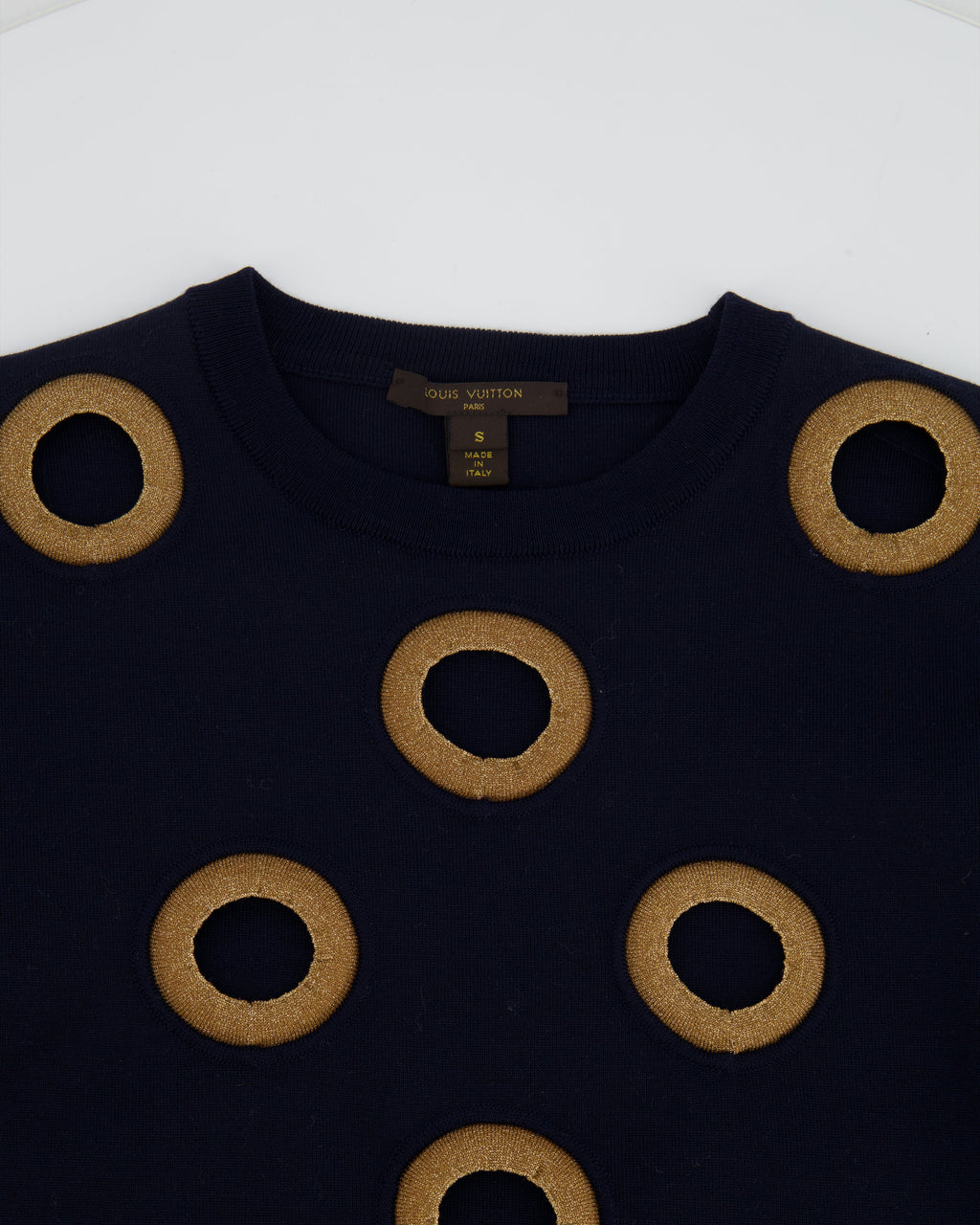Louis Vuitton Navy Long-Sleeve Wool Top with Gold Cut-Out Details Size S (UK 8)