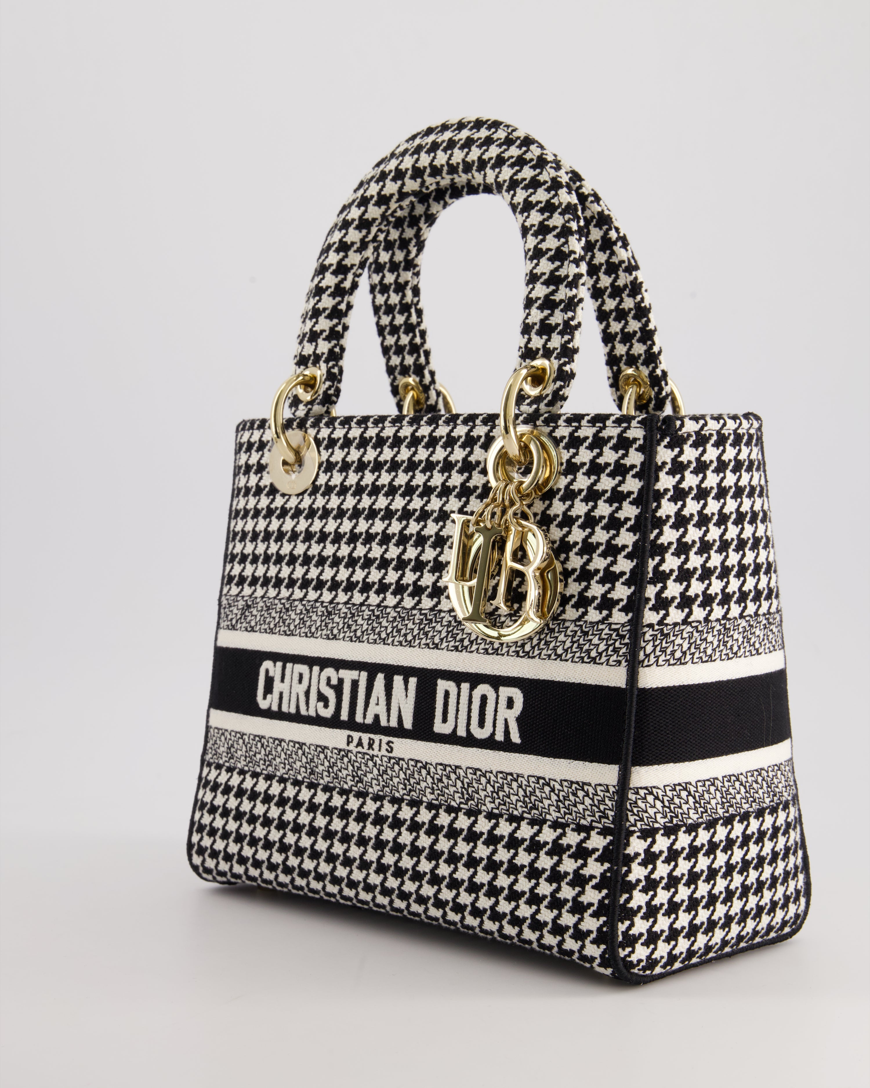 *RARE* Christian Dior Black & White Houndstooth Medium Lady Dior Bag in Canvas with Champagne Gold Hardware