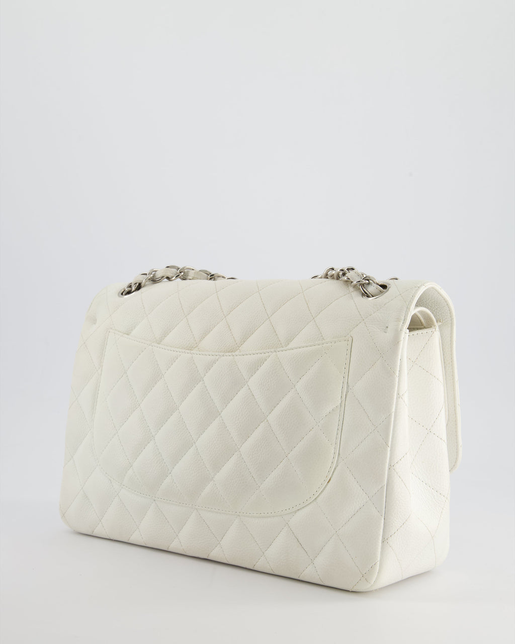 Chanel White Jumbo Classic Double Flap Bag in Caviar Leather with Silver Hardware