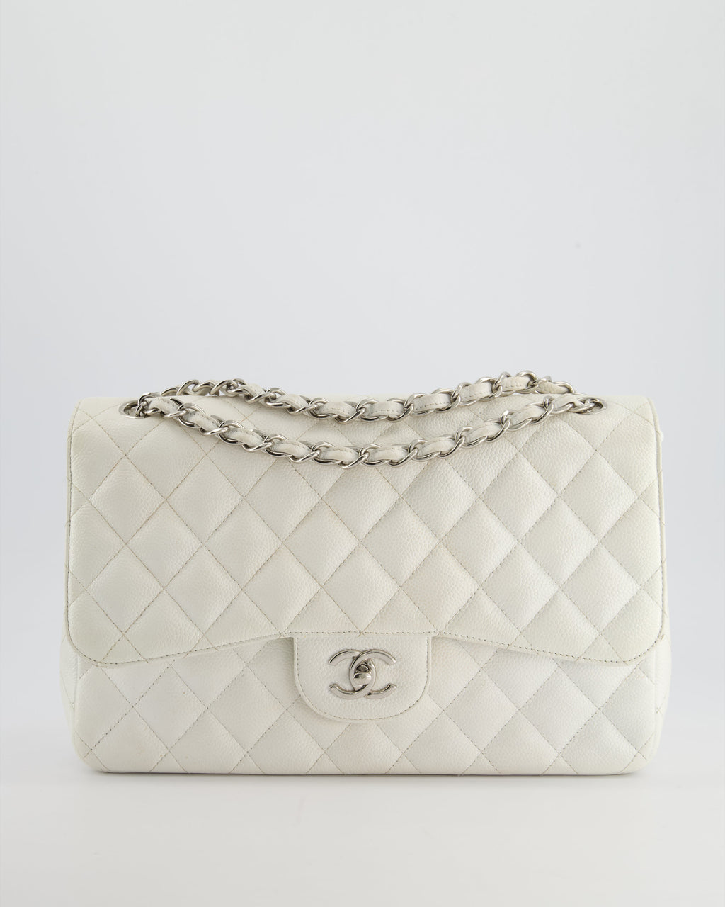 Chanel White Jumbo Classic Double Flap Bag in Caviar Leather with Silver Hardware