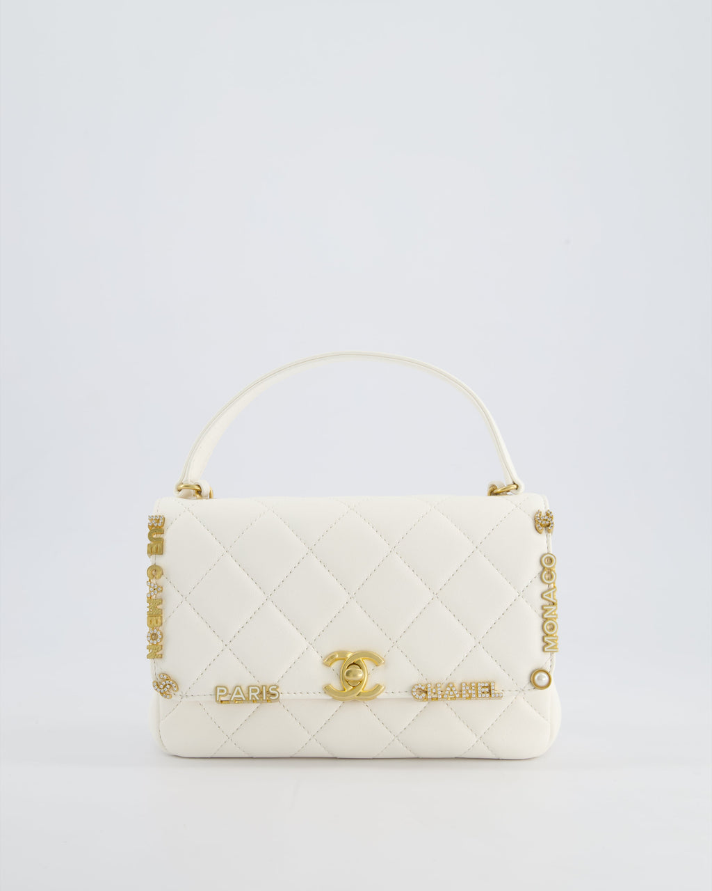 *LIMITED EDITION* Chanel White Paris Monaco Mini Single Flap Bag with Black Interior, Crystal Details and Brushed Gold Hardware