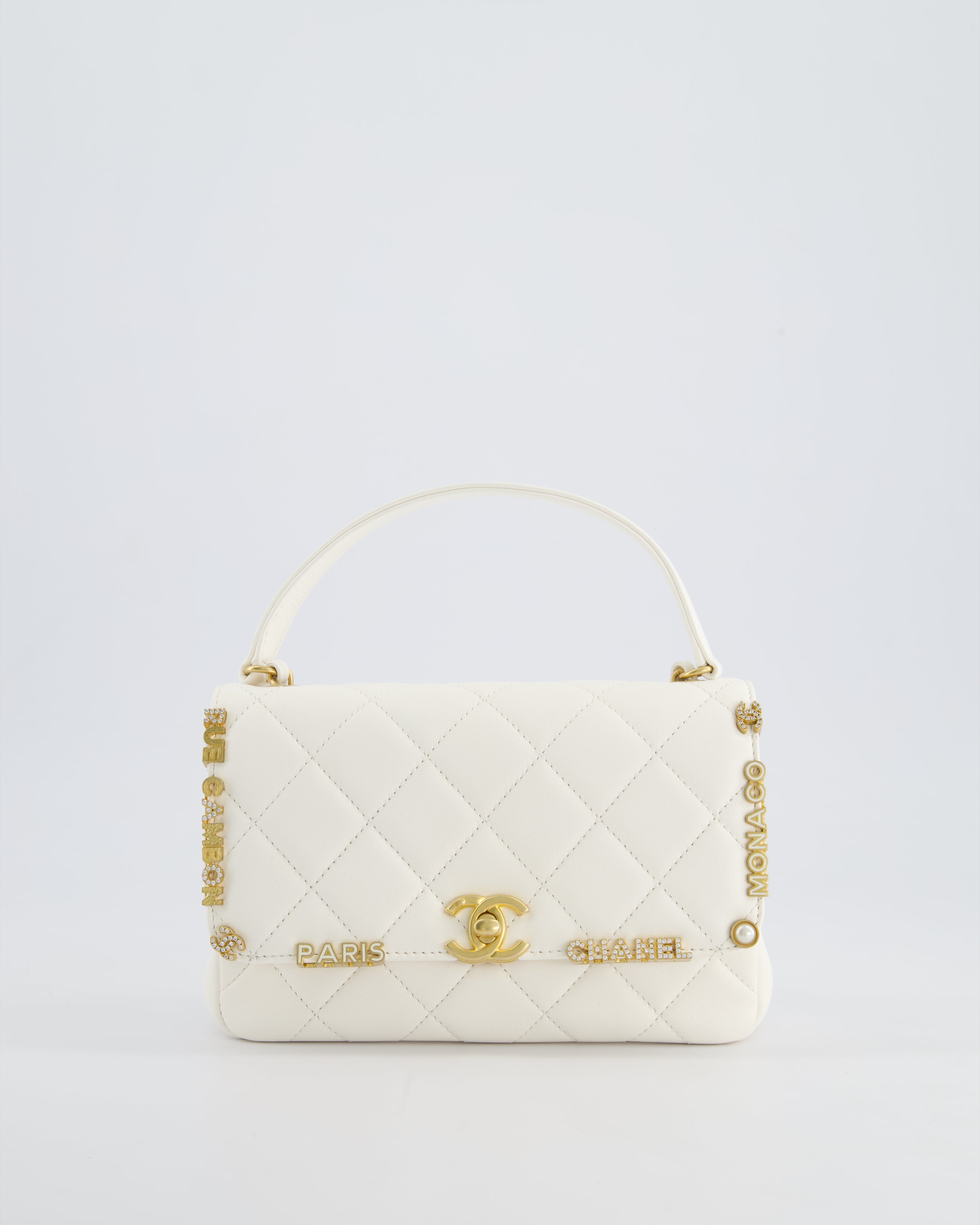 *LIMITED EDITION* Chanel White Paris Monaco Mini Single Flap Bag with Black Interior, Crystal Details and Brushed Gold Hardware