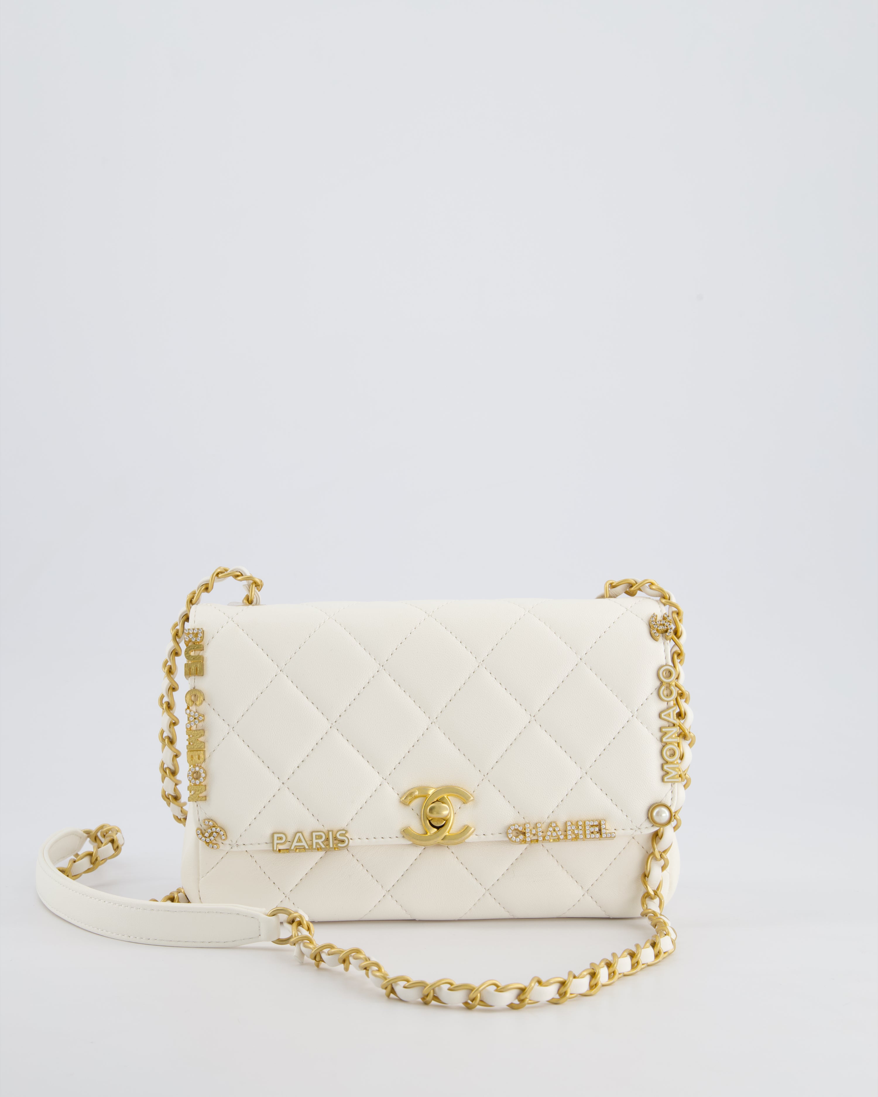 *LIMITED EDITION* Chanel White Paris Monaco Mini Single Flap Bag with Black Interior, Crystal Details and Brushed Gold Hardware