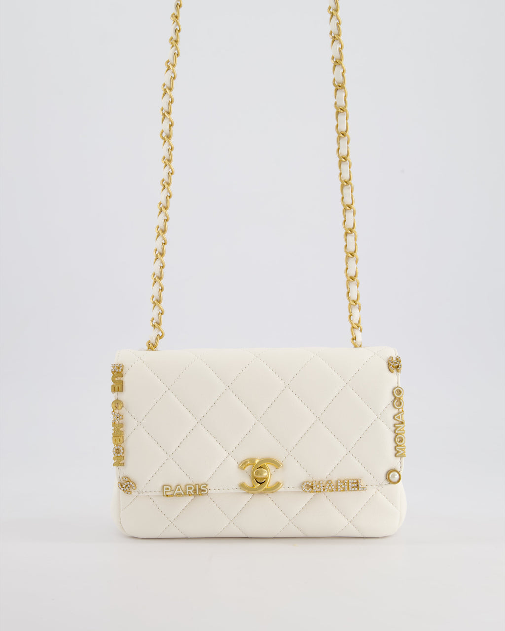 *LIMITED EDITION* Chanel White Paris Monaco Mini Single Flap Bag with Black Interior, Crystal Details and Brushed Gold Hardware