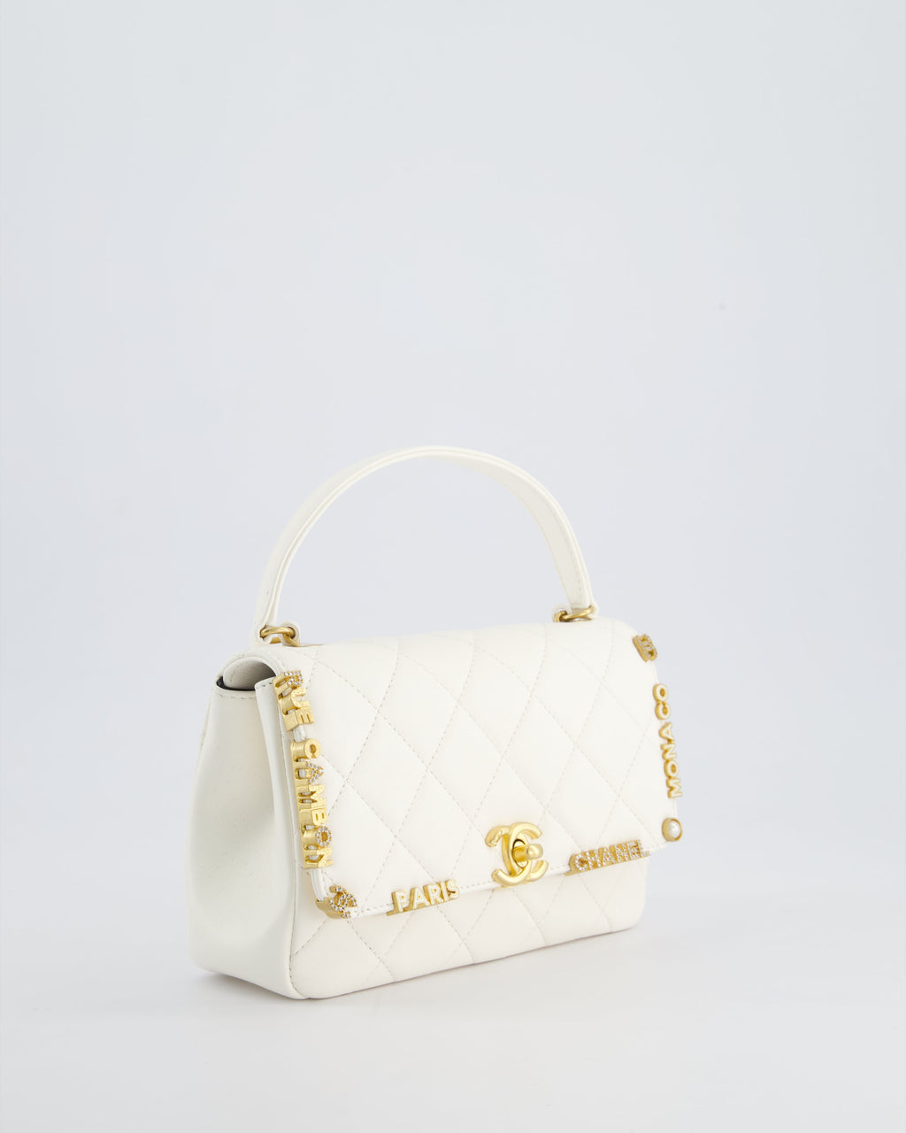*LIMITED EDITION* Chanel White Paris Monaco Mini Single Flap Bag with Black Interior, Crystal Details and Brushed Gold Hardware