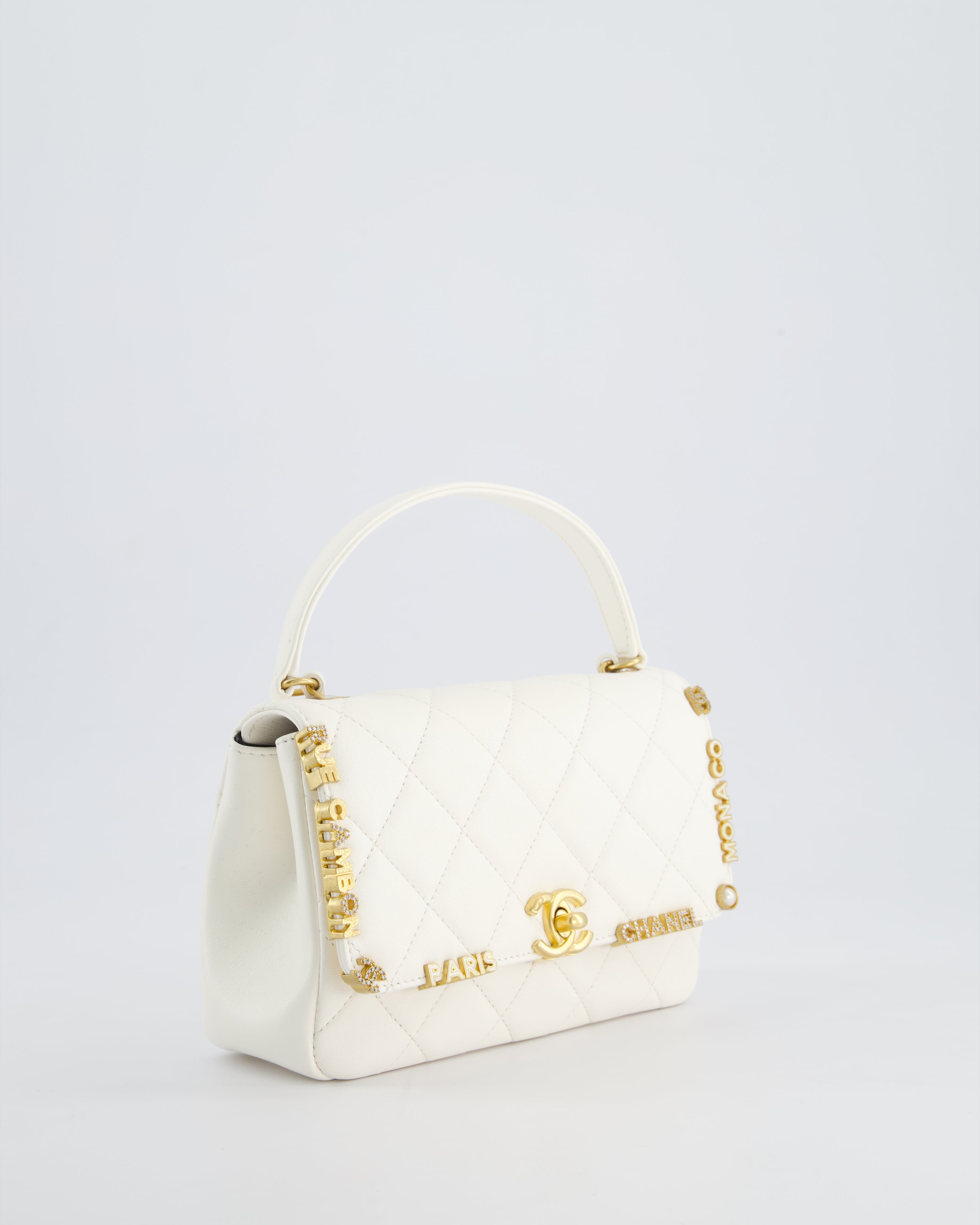 *LIMITED EDITION* Chanel White Paris Monaco Mini Single Flap Bag with Black Interior, Crystal Details and Brushed Gold Hardware