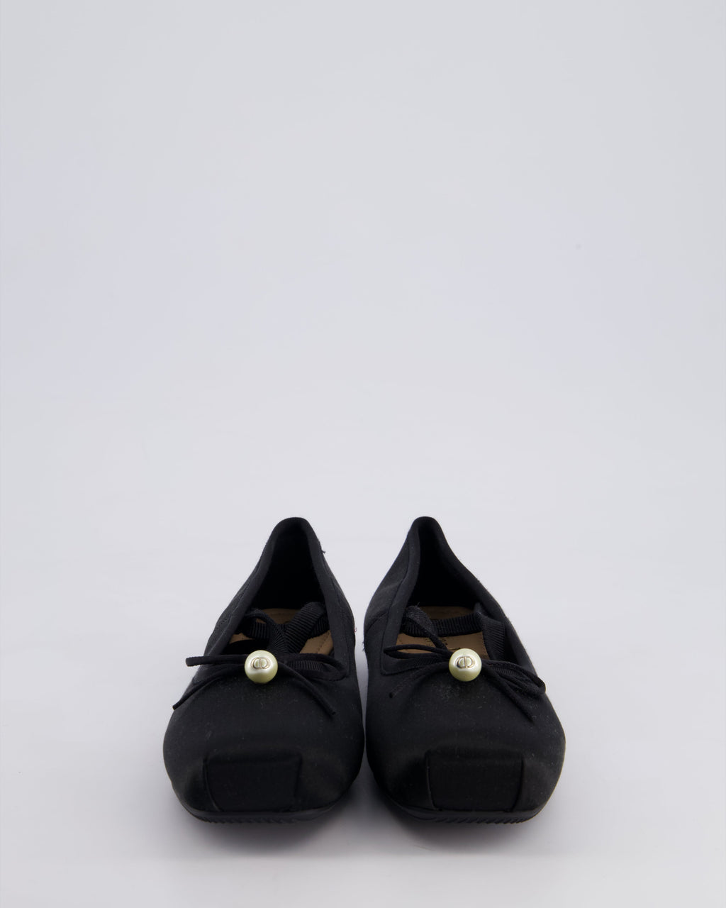 Christian Dior Black Satin D-Joy Ballet Flats Pearl & Lace Up Detail Size EU 36.5