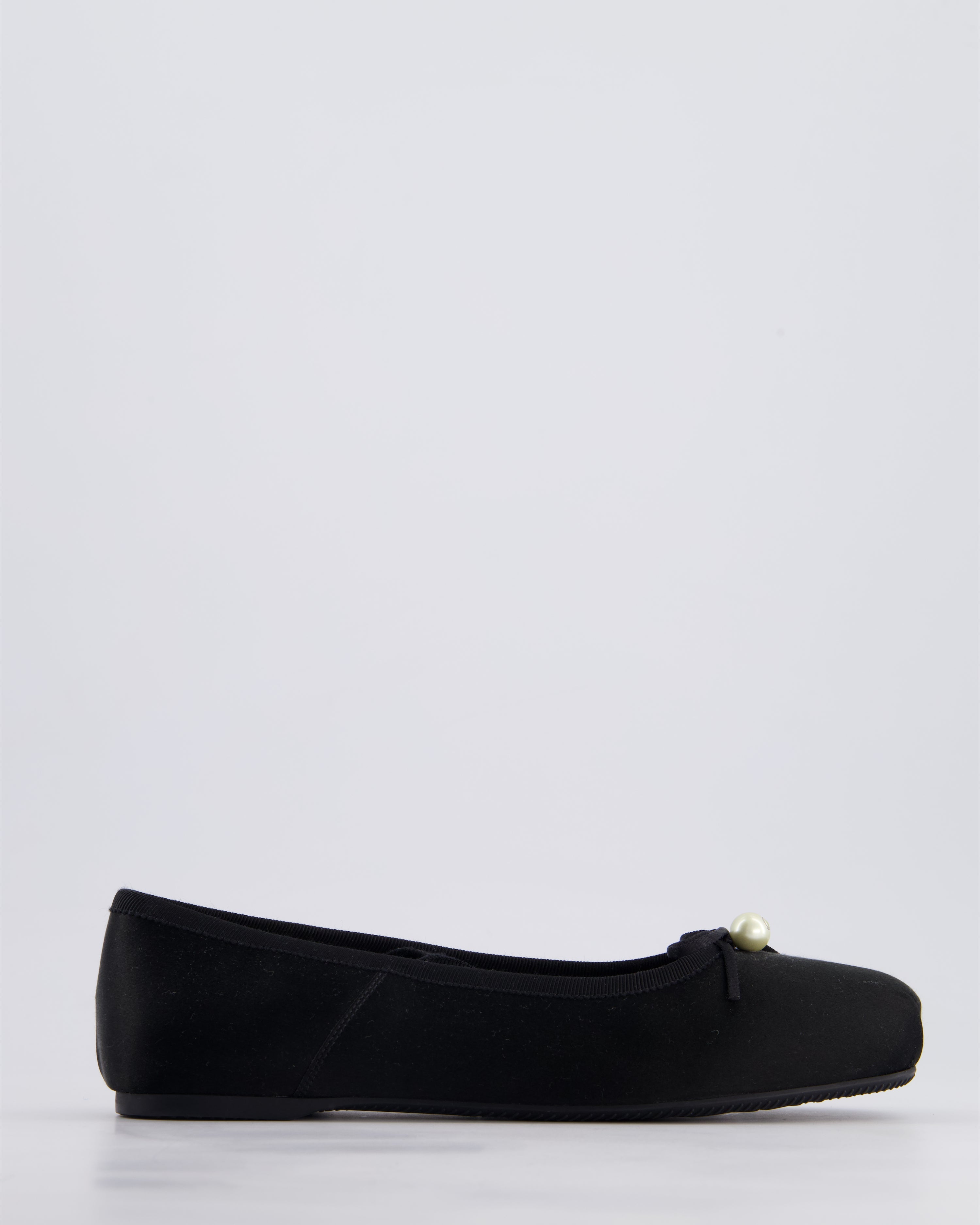 Christian Dior Black Satin D-Joy Ballet Flats Pearl & Lace Up Detail Size EU 36.5