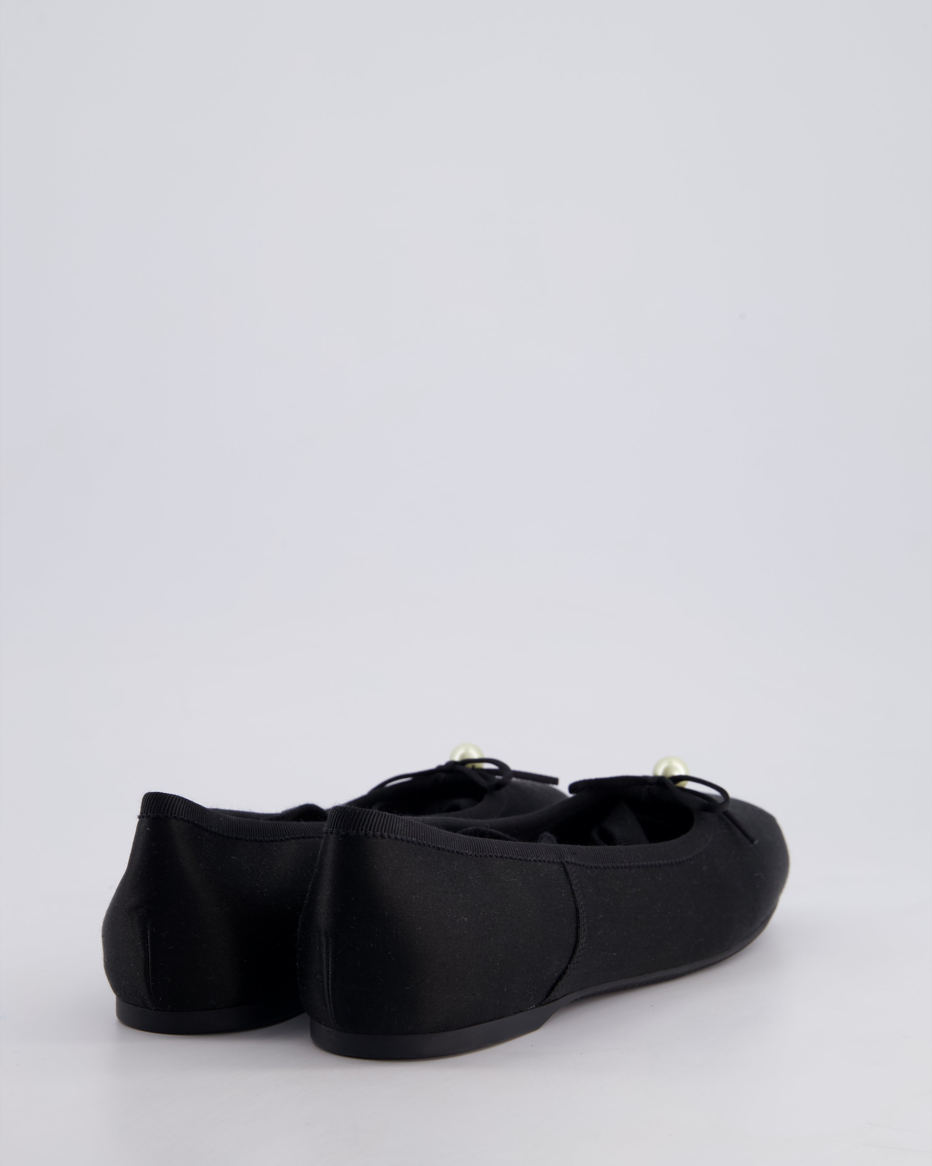 Christian Dior Black Satin D-Joy Ballet Flats Pearl & Lace Up Detail Size EU 36.5