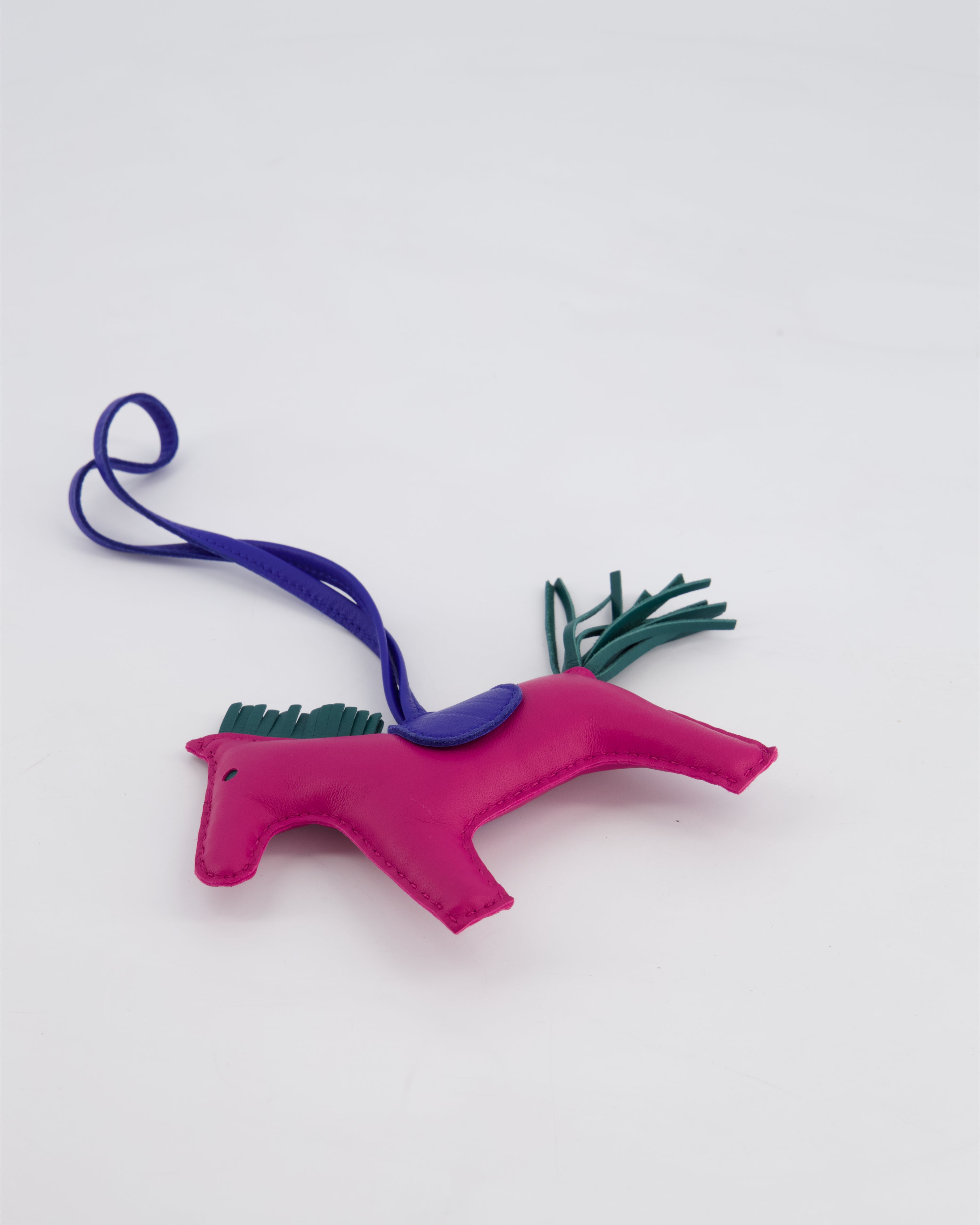 Hermès Grigri Rodeo MM Bag Charm in Rose Pourpre, Malachite & Bleu Electrique Milo Leather RRP £540