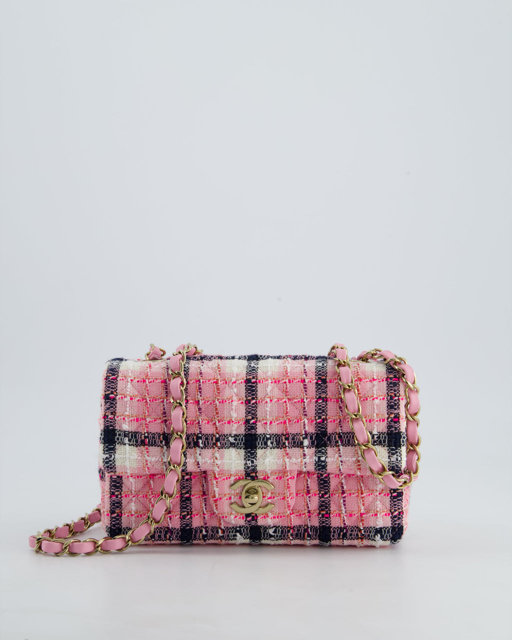 Chanel Pink, White Black Tweed Mini Rectangular Single Flap Bag with Champagne Gold Hardware