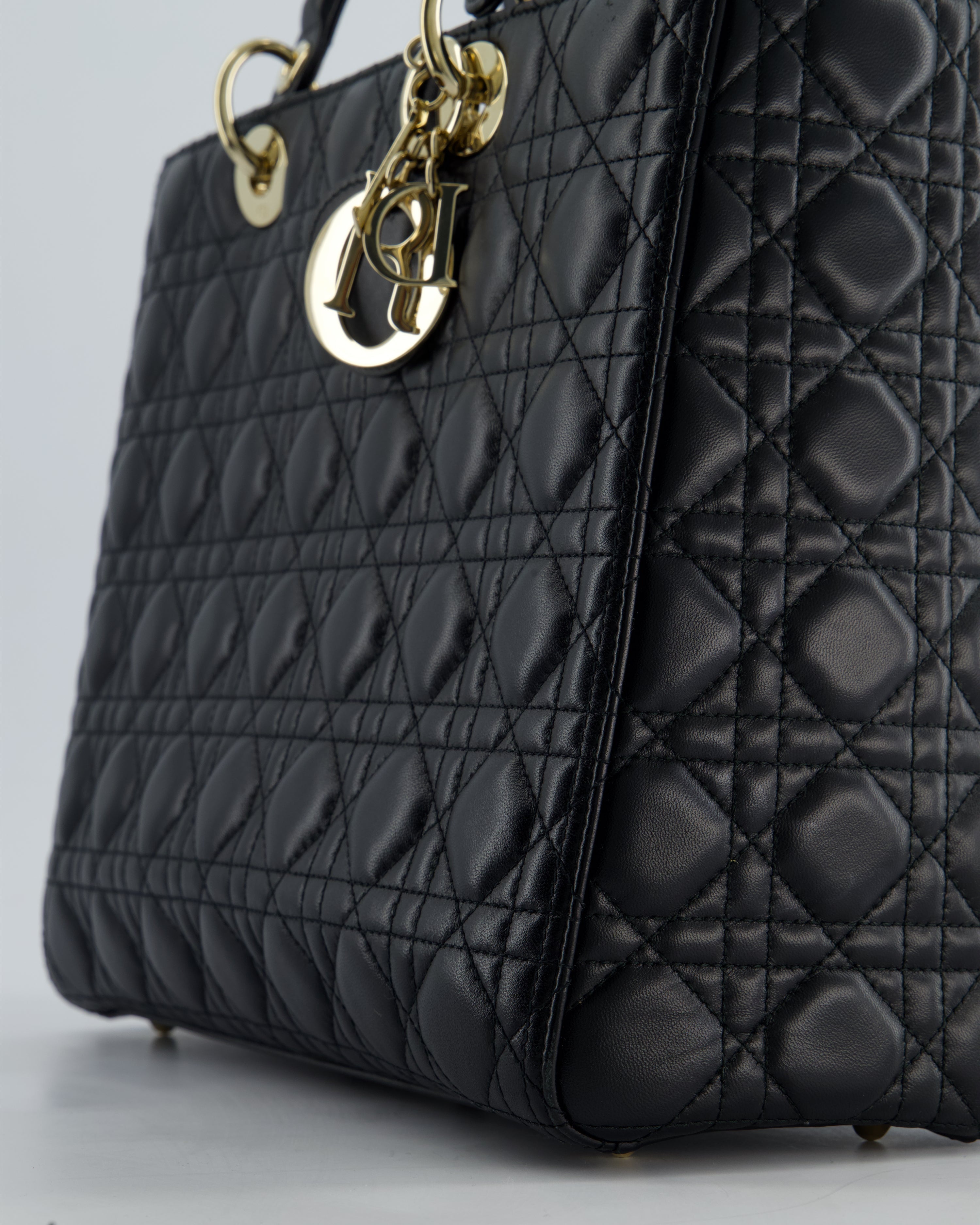 Christian Dior Large Lady Dior Bag in Black Lambskin Leather with Champagne Gold Hardware RRP £5,600