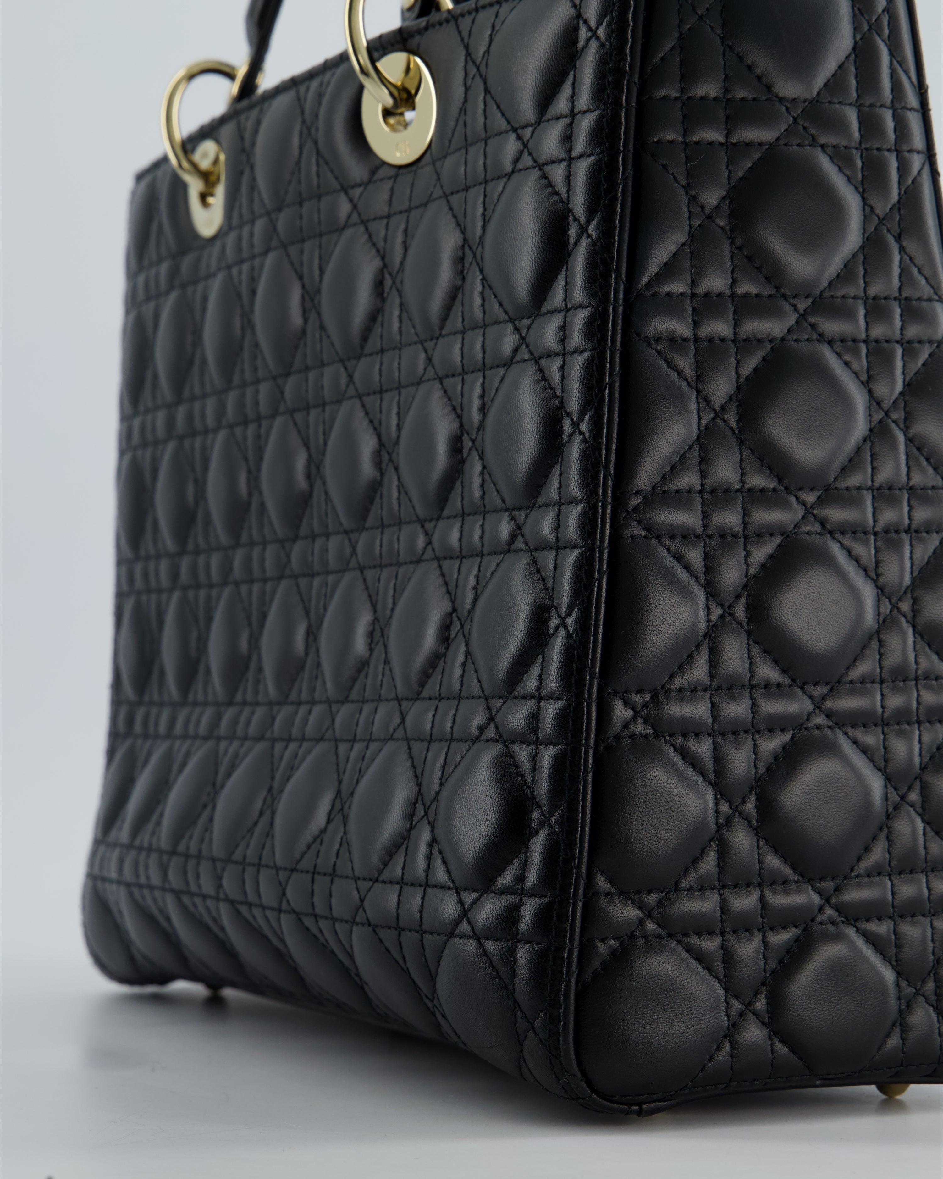 Christian Dior Large Lady Dior Bag in Black Lambskin Leather with Champagne Gold Hardware RRP £5,600