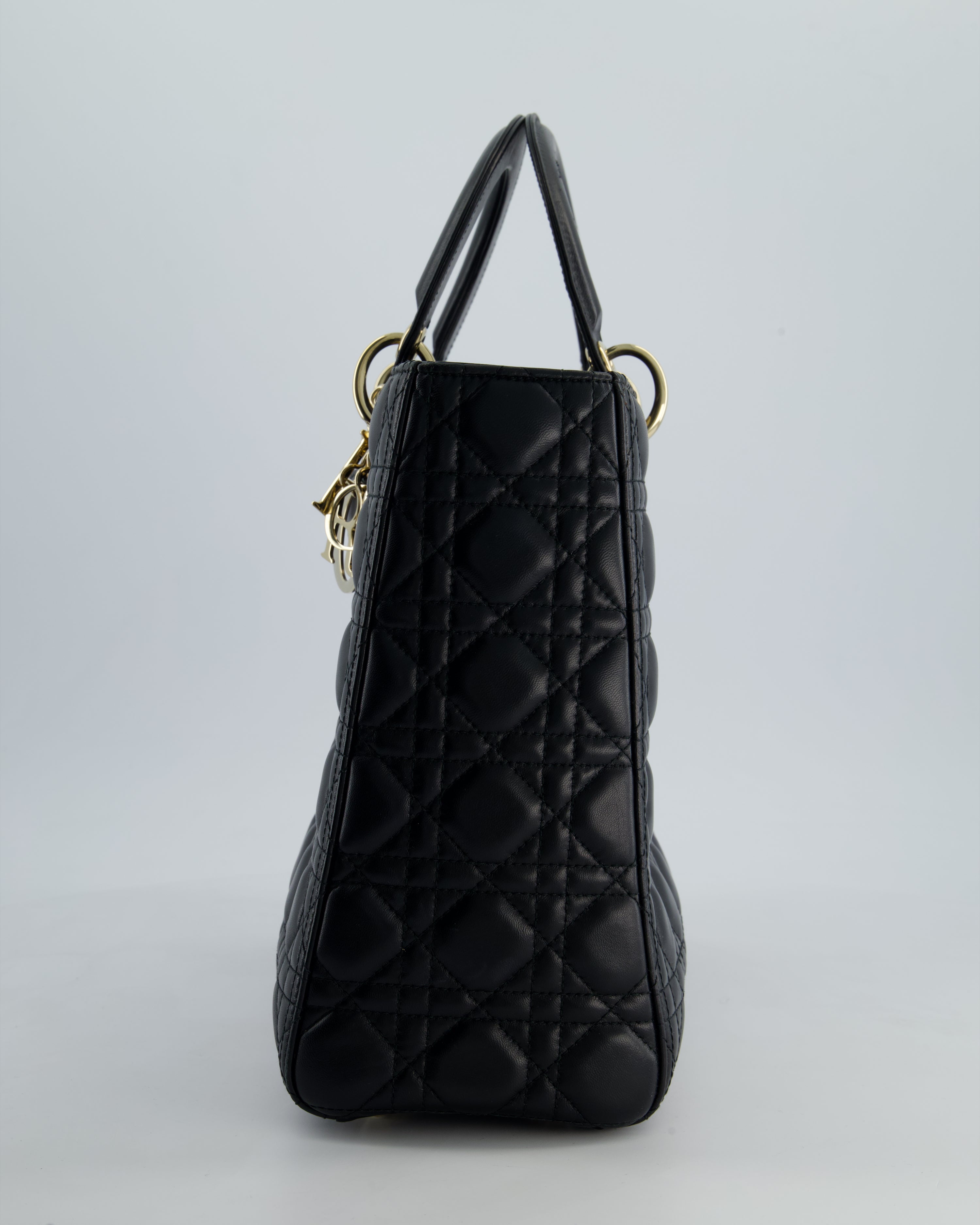 Christian Dior Large Lady Dior Bag in Black Lambskin Leather with Champagne Gold Hardware RRP £5,600