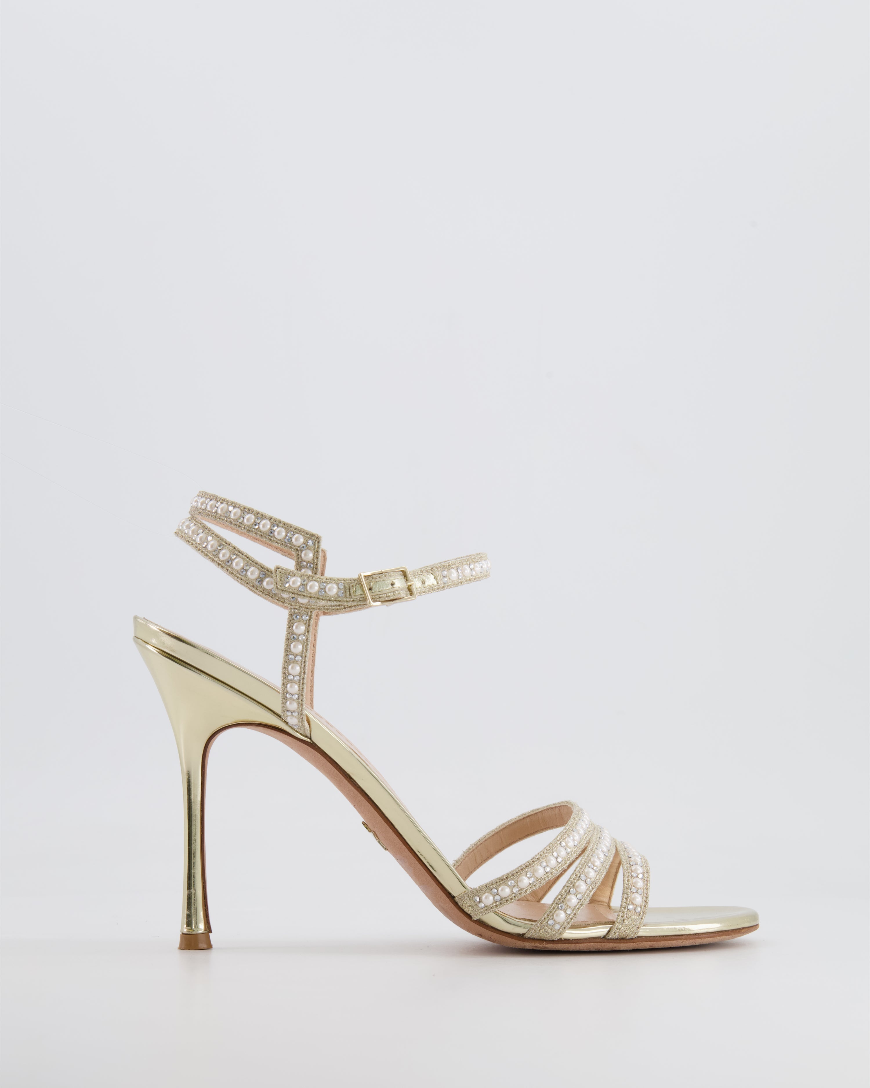 Christian Dior Gold Sandal Strap Heels with Pearls and Crystal Embellishments Size EU 41