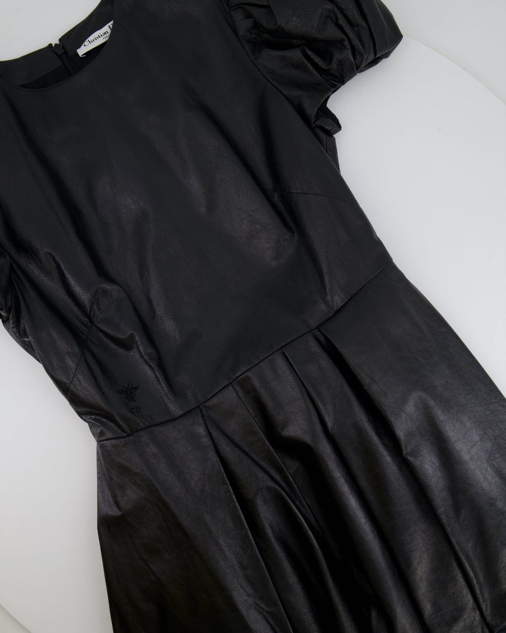 Christian Dior Black Leather Mini Short Sleeve Dress with CD Logo Detail Size FR 38 (UK 10)