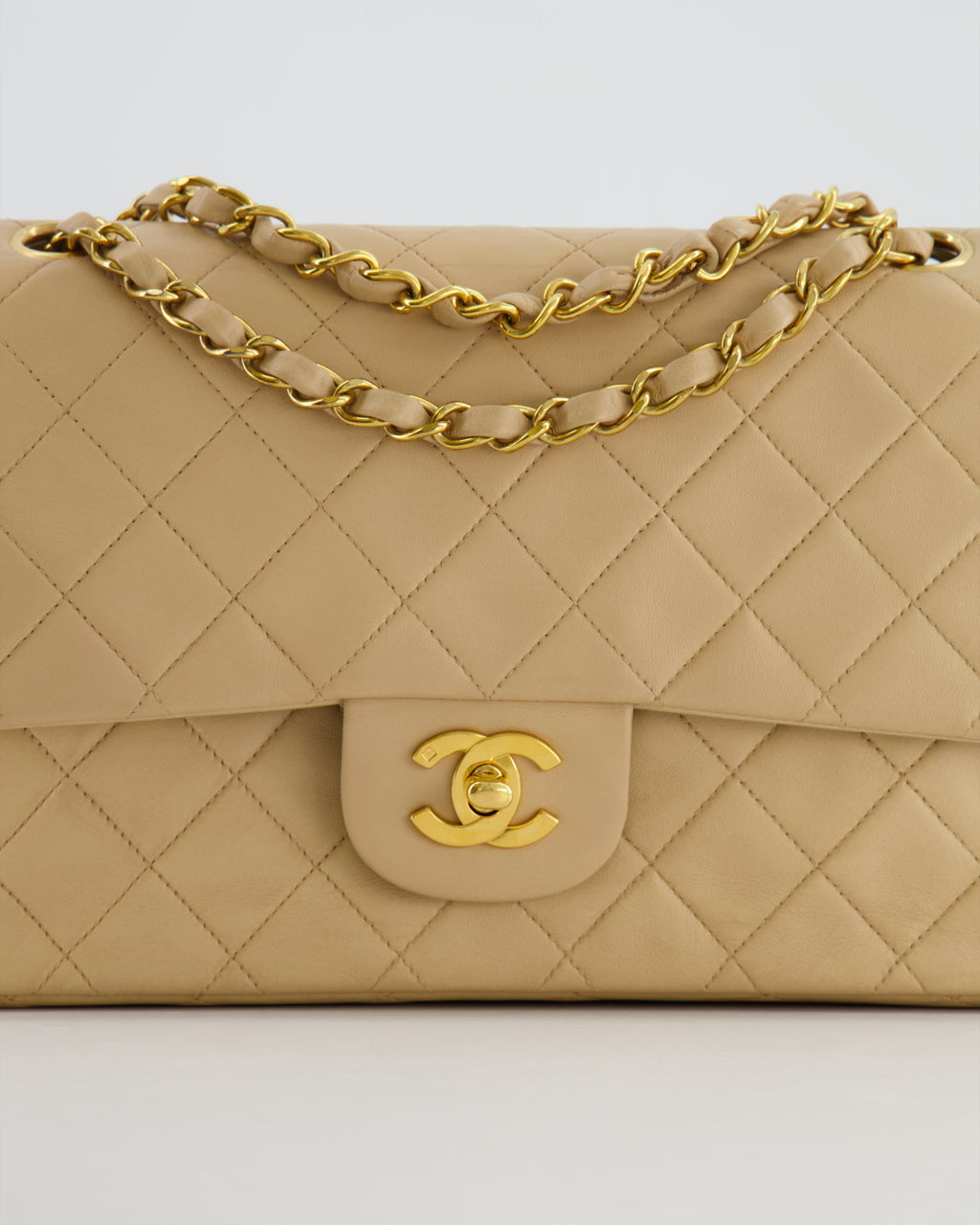 Chanel Vintage Beige Classic Medium Double Flap Bag in Lambskin Leather with 24k Gold Hardware