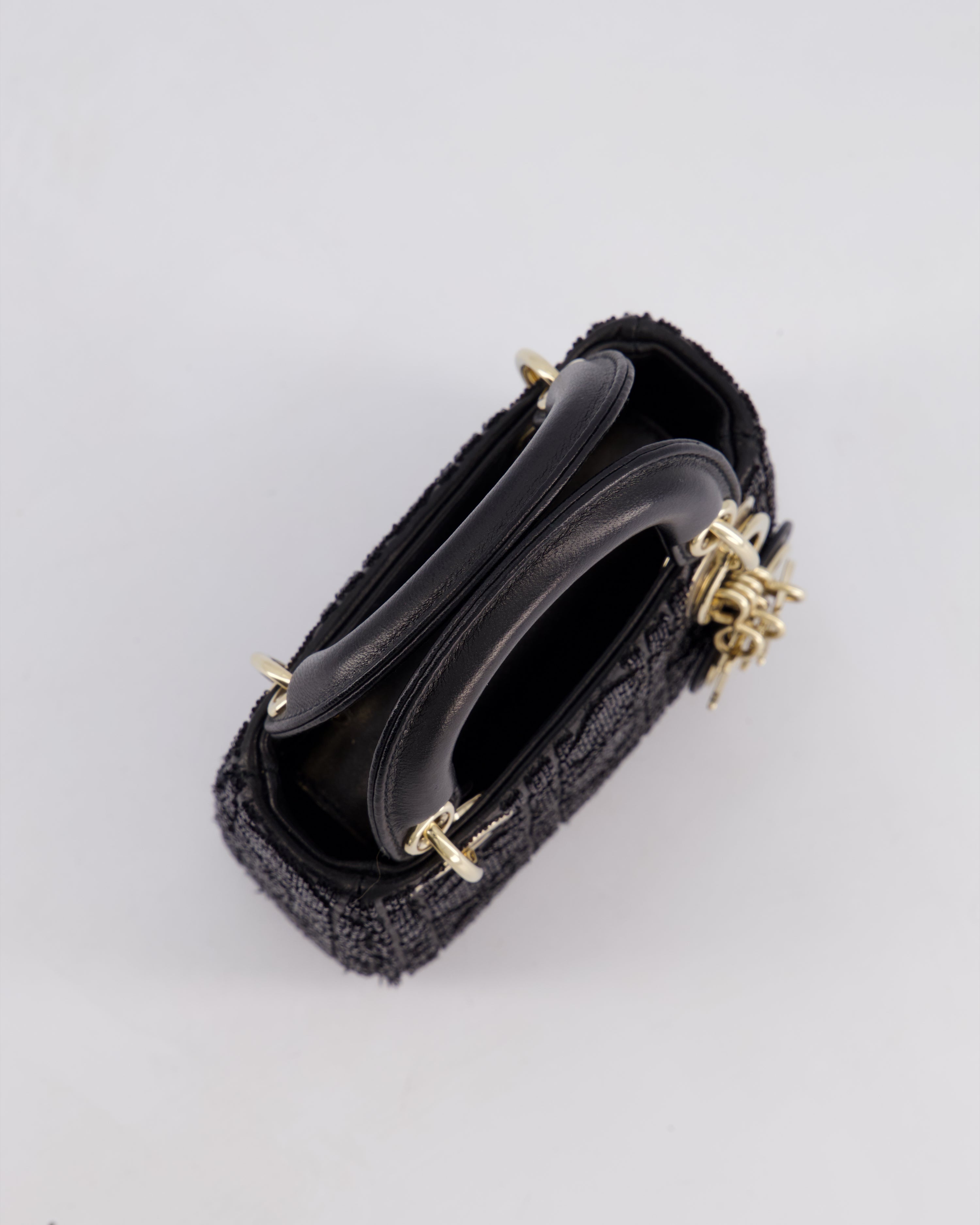 Christian Dior Black Micro Lady Dior Bag In Black Lambskin Leather & Sequins with Champagne Gold Hardware
