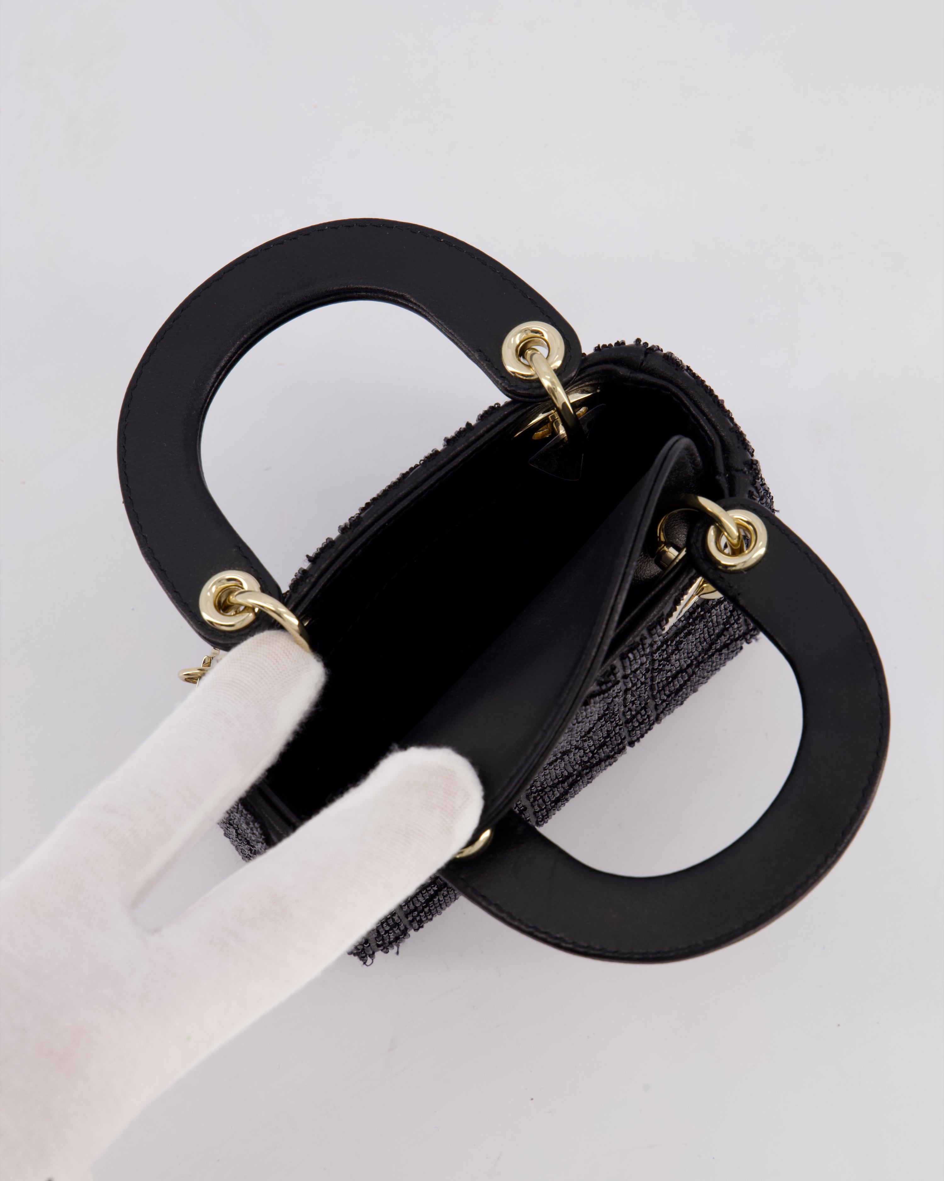 Christian Dior Black Micro Lady Dior Bag In Black Lambskin Leather & Sequins with Champagne Gold Hardware