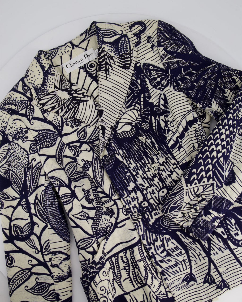 Christian Dior Cruise 2020 Cream and Blue Botanical Printed Button Down Bar Jacket Size FR 38 (UK 10)