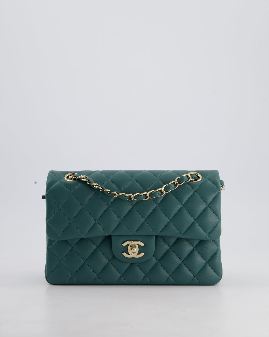 Chanel Green Small Classic Double Flap Bag in Lambskin Leather with Champagne Gold Hardware