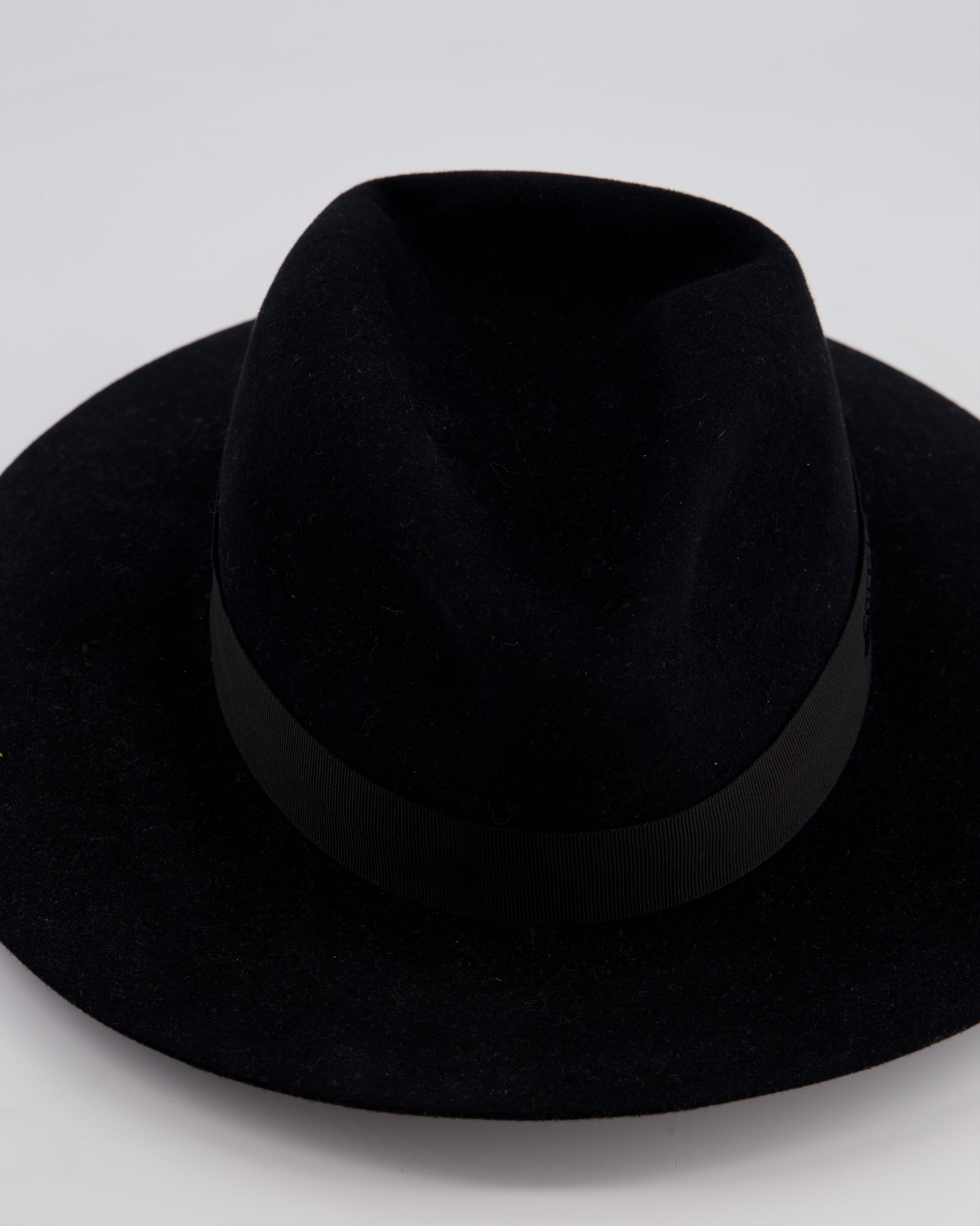Christian Dior Black Wool Panama Hat with Logo Ribbon Detail Size 57