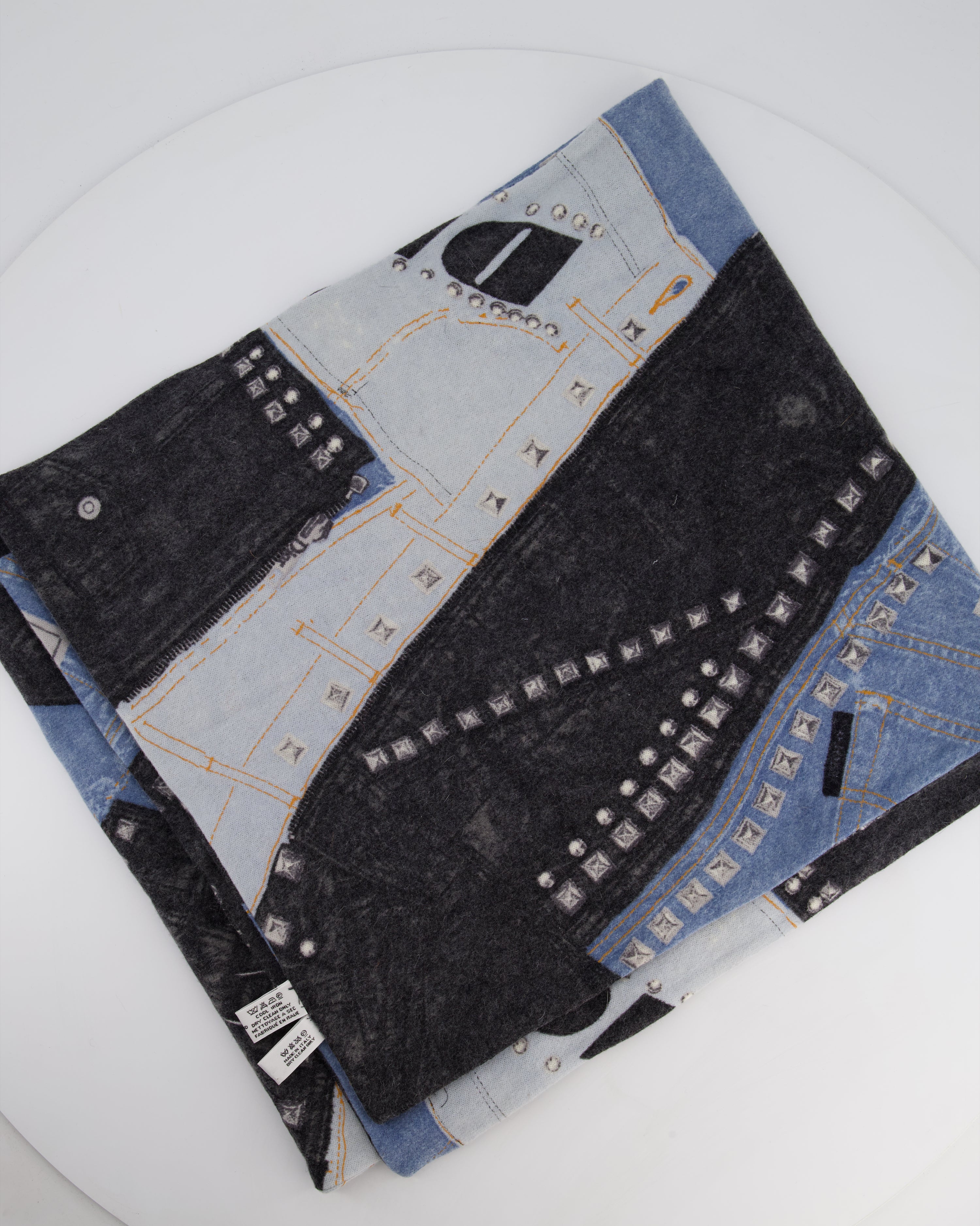 Christian Dior Blue & Grey John Galliano Wool Scarf with Denim Prints