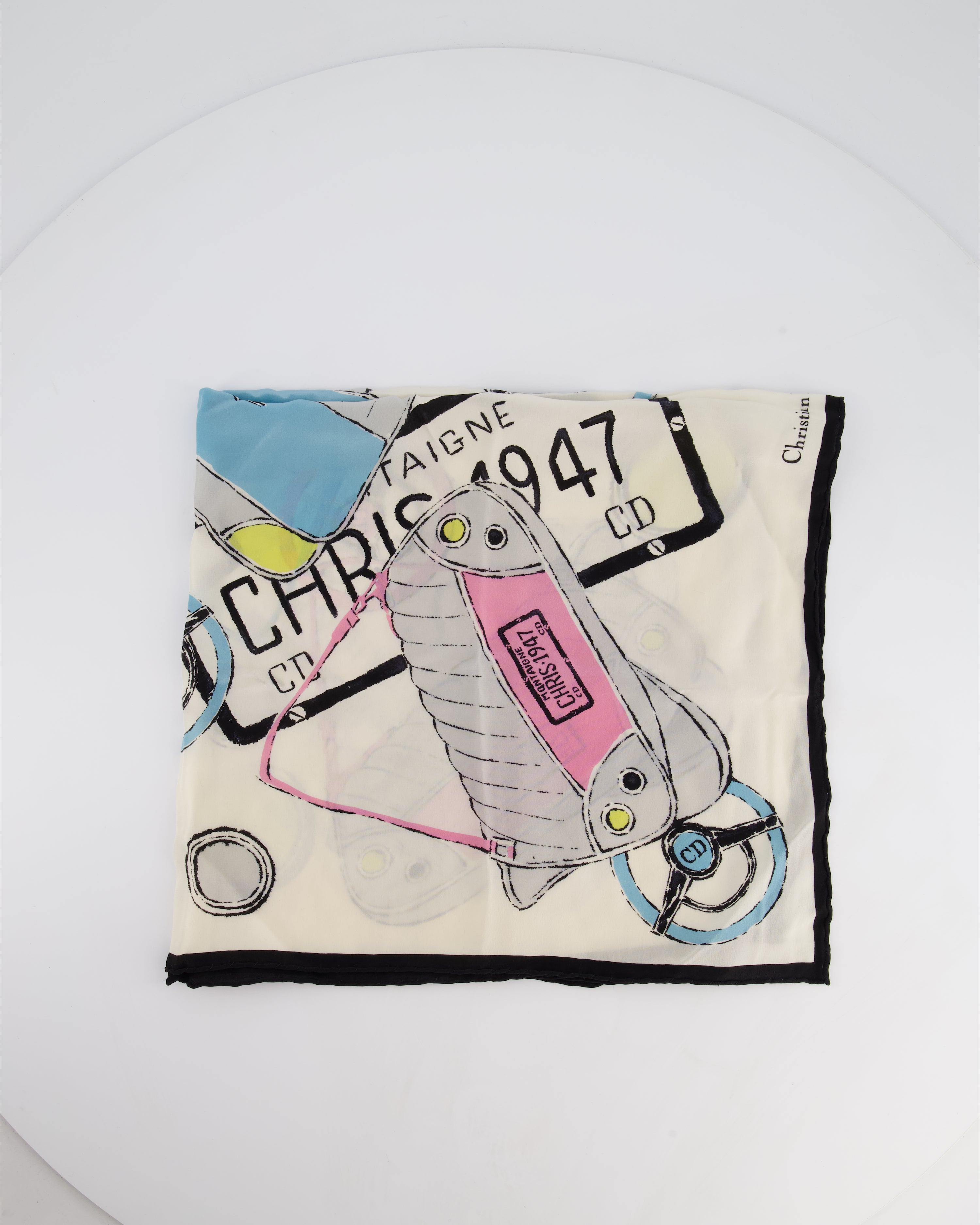 Christian Dior Black & White Montaigne Logo Silk Scarf
