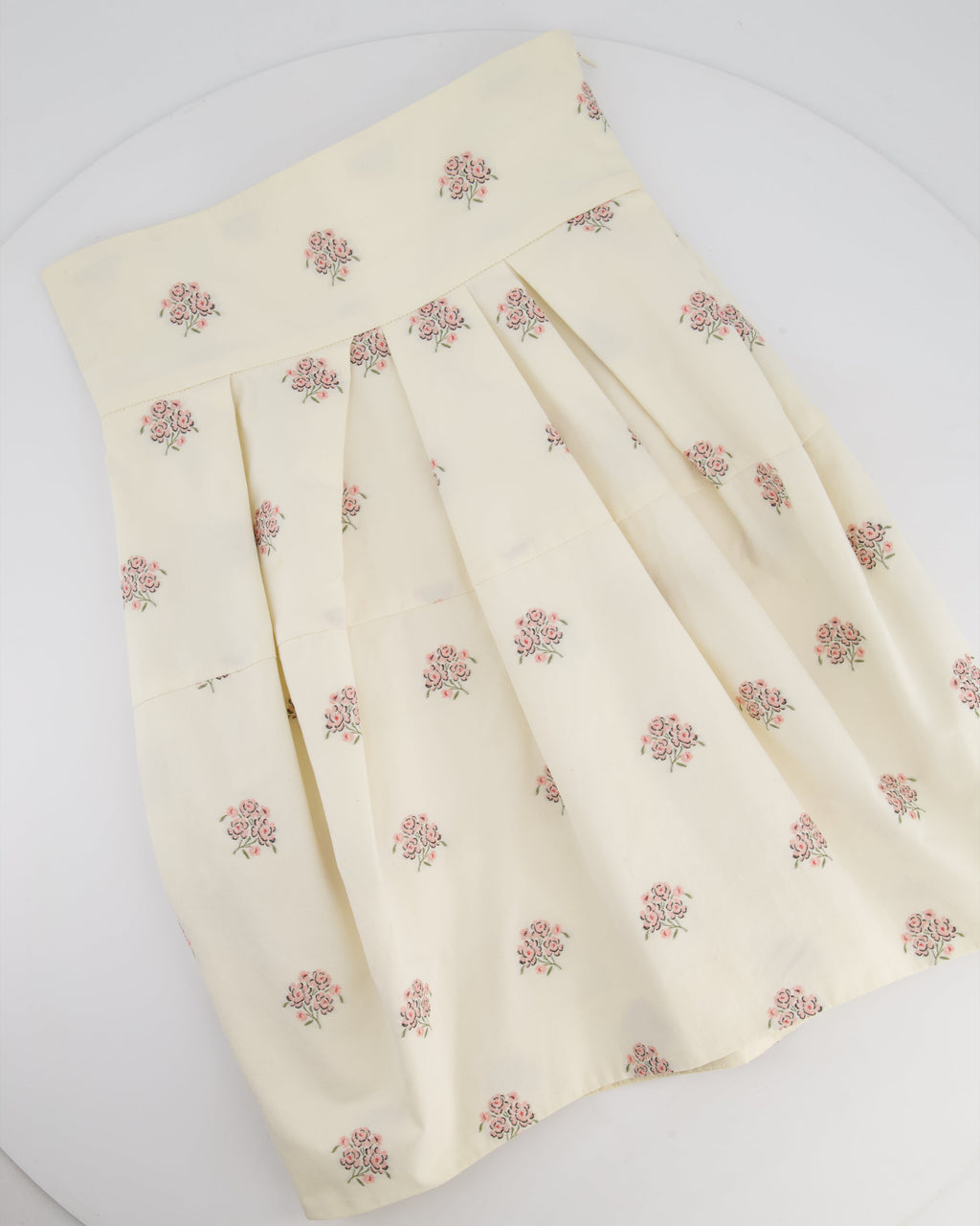 Christian Dior Cream and Pink Floral Print High-Waisted Mini Skirt with Pleated Detail Size FR 34 (UK 6)