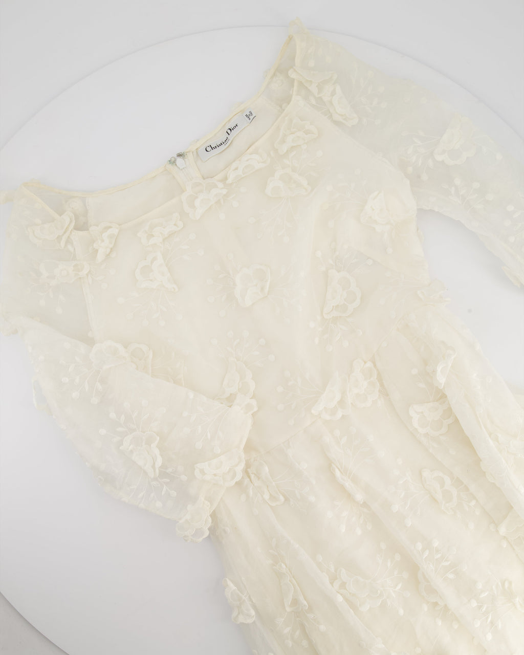 Christian Dior White Long Sleeve Maxi Dress with Floral Appliqué Detail Size FR 36 (UK 8)