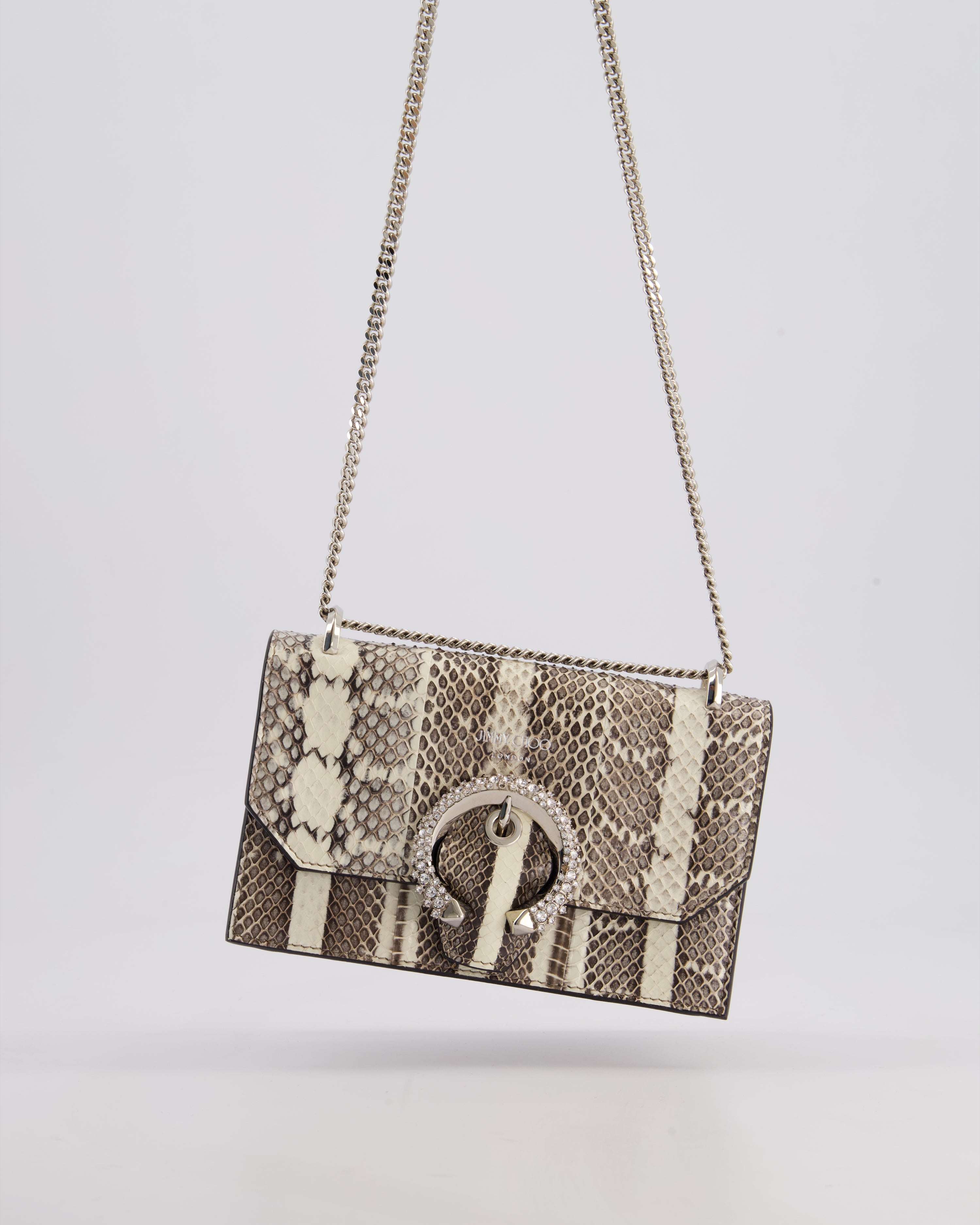 Jimmy Choo Grey Madeline Snakeskin Leather Crossbody Bag with Crystal Embellished Buckle