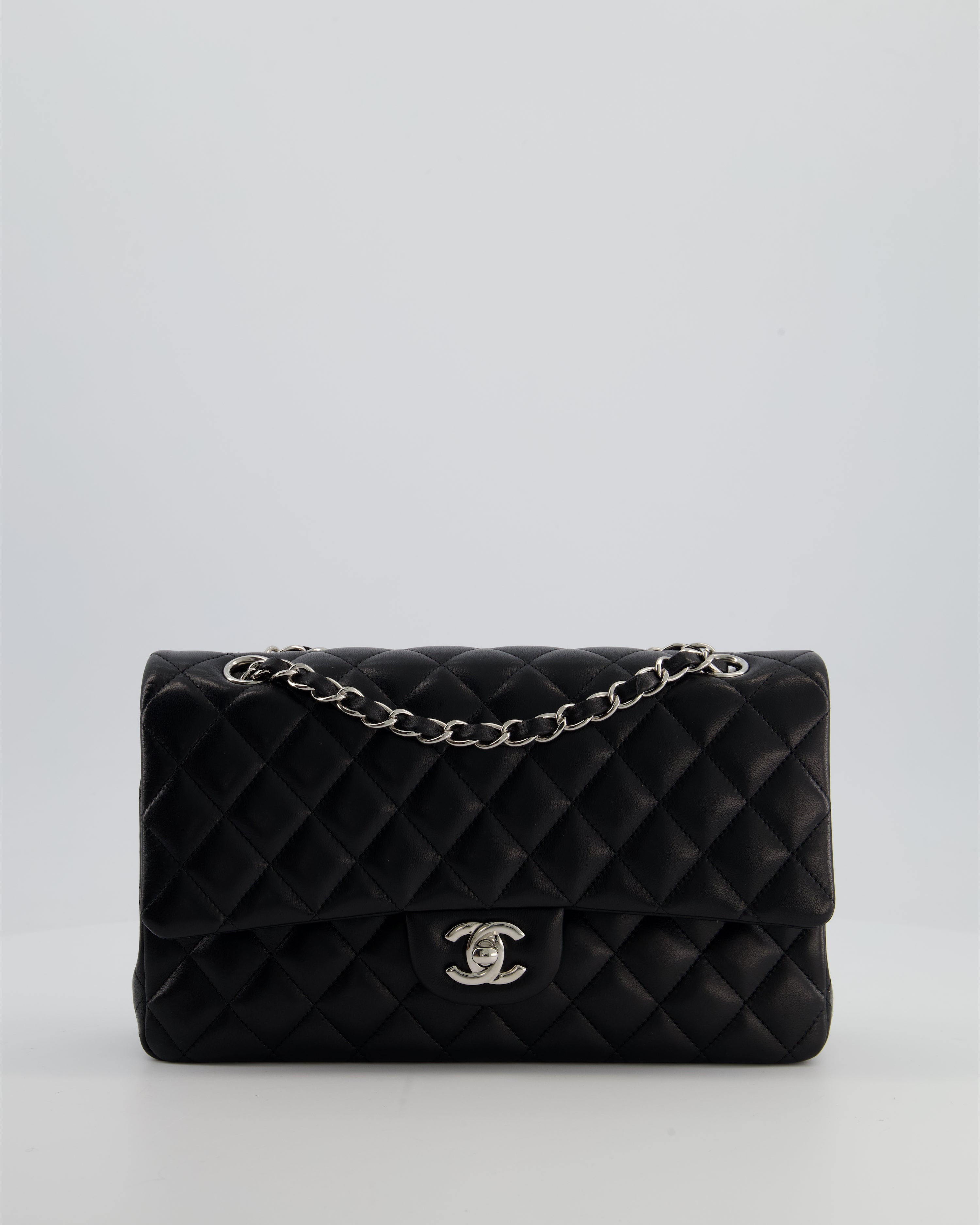 Chanel Black Classic Medium Double Flap Bag in Lambskin Leather with Silver Hardware