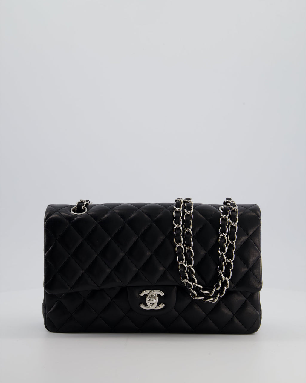 Chanel Black Classic Medium Double Flap Bag in Lambskin Leather with Silver Hardware