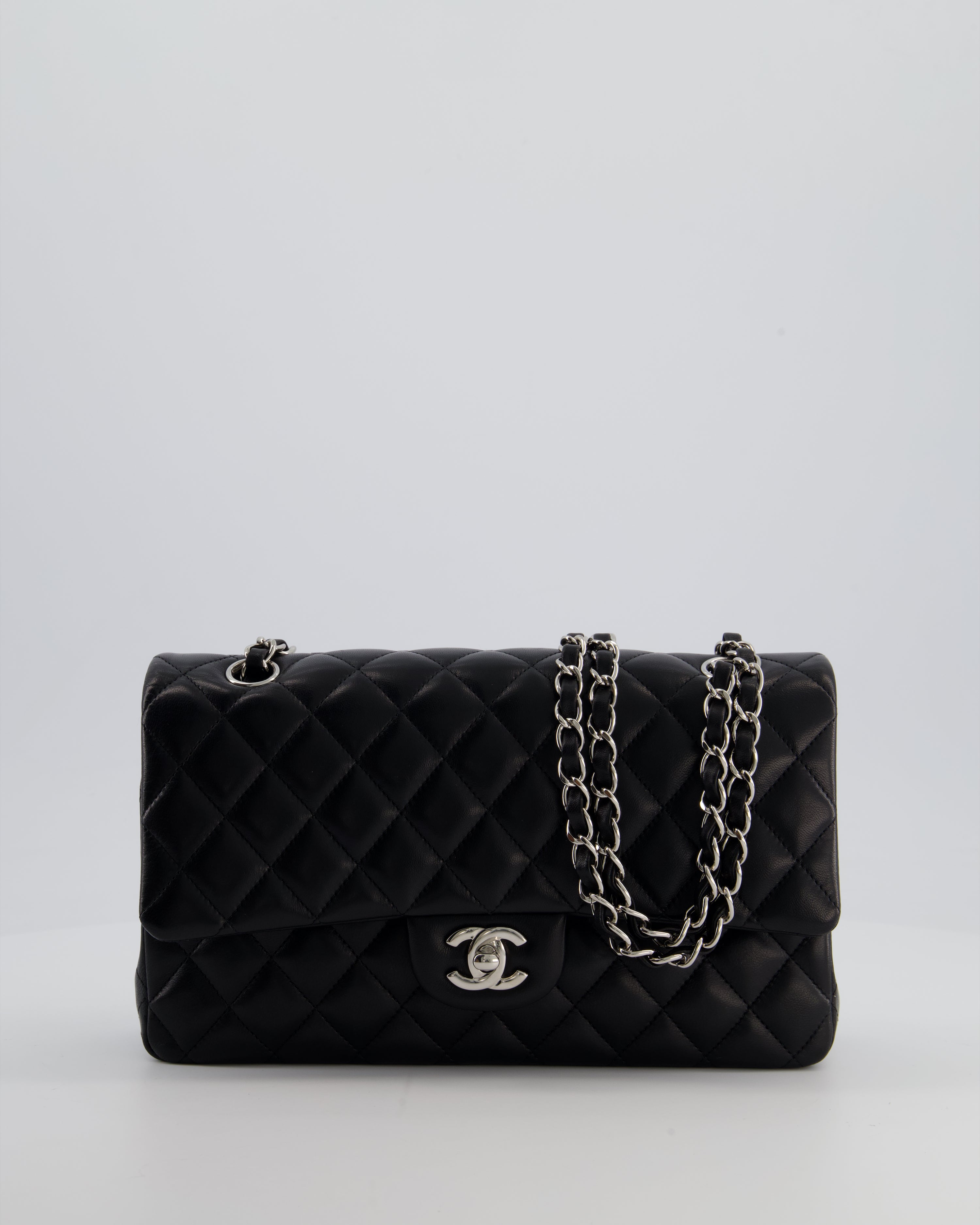Chanel Black Classic Medium Double Flap Bag in Lambskin Leather with Silver Hardware