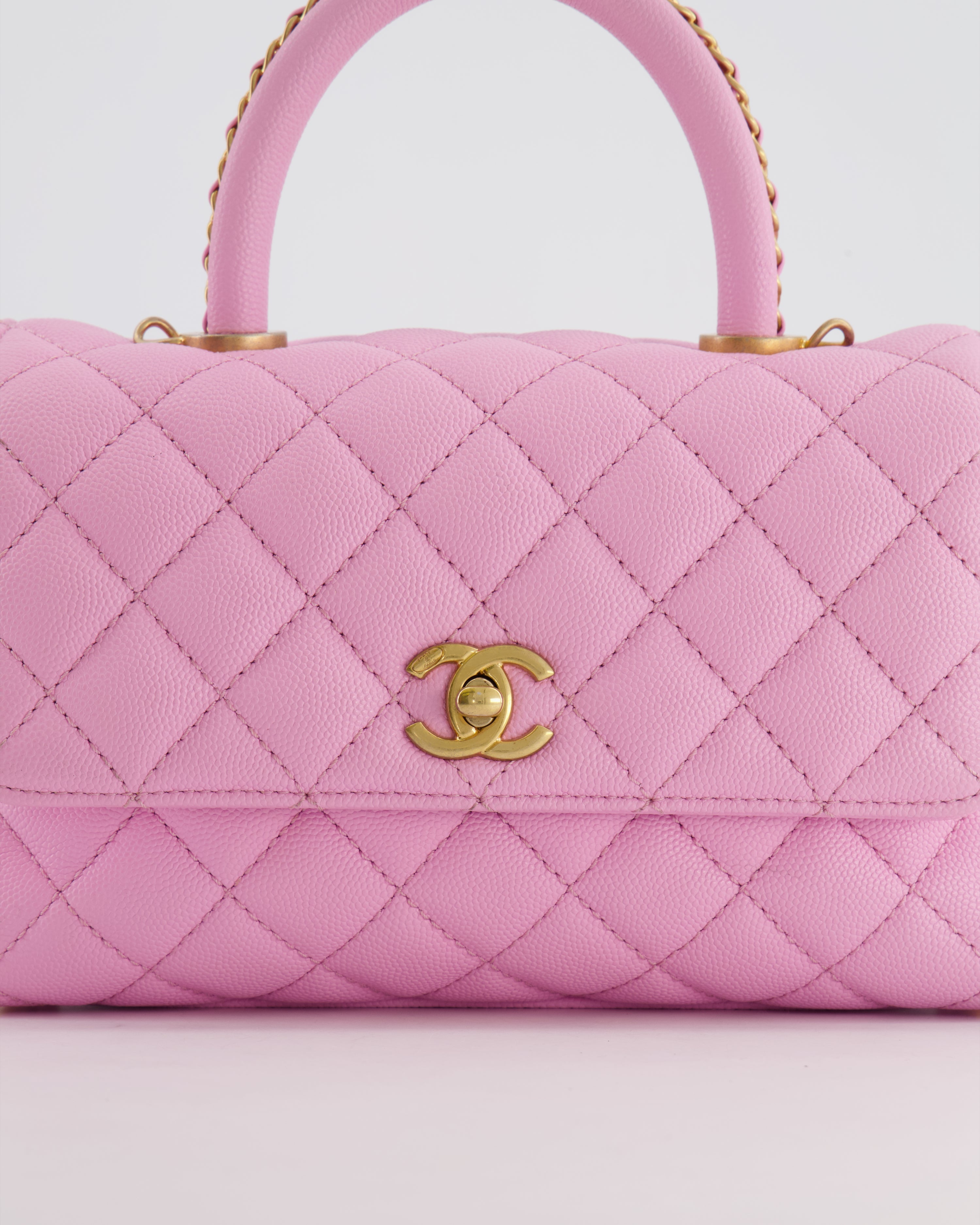 *HOT COLOUR* Chanel 23P Barbie Pink Mini Coco Flap Top Handle Bag in Caviar Quilted Leather with Gold Hardware