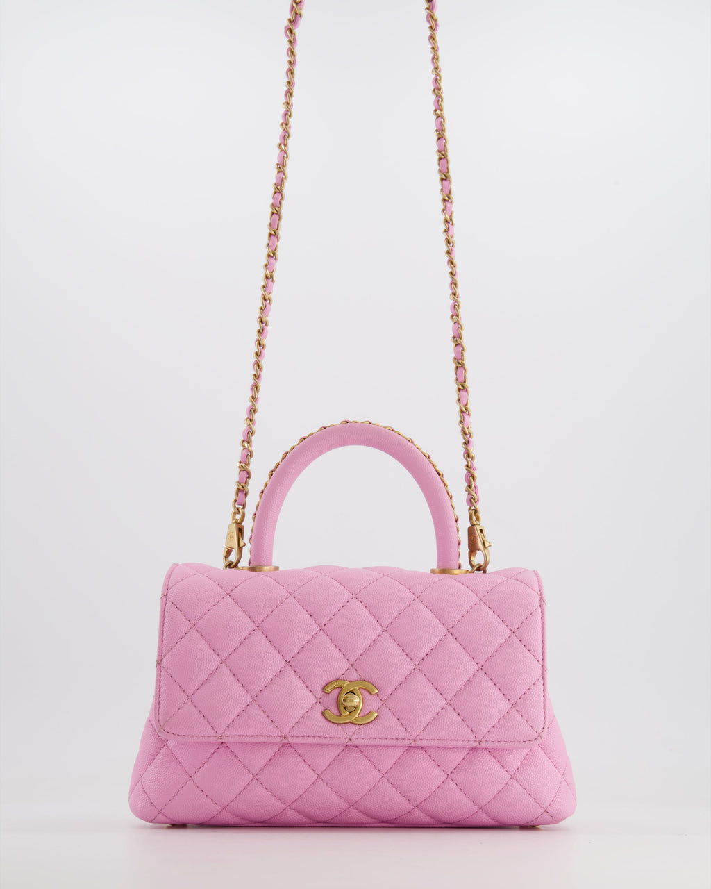 *HOT COLOUR* Chanel 23P Barbie Pink Mini Coco Flap Top Handle Bag in Caviar Quilted Leather with Gold Hardware