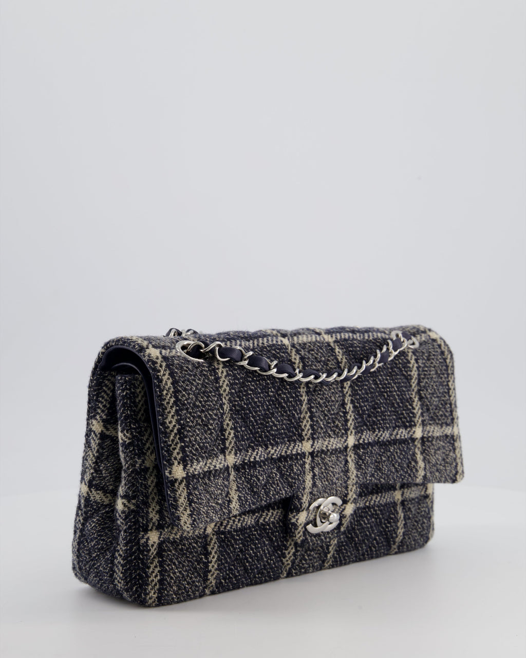 Chanel Medium Classic Double Flap Bag in Navy and Cream Tweed Check Fabric with Silver Hardware