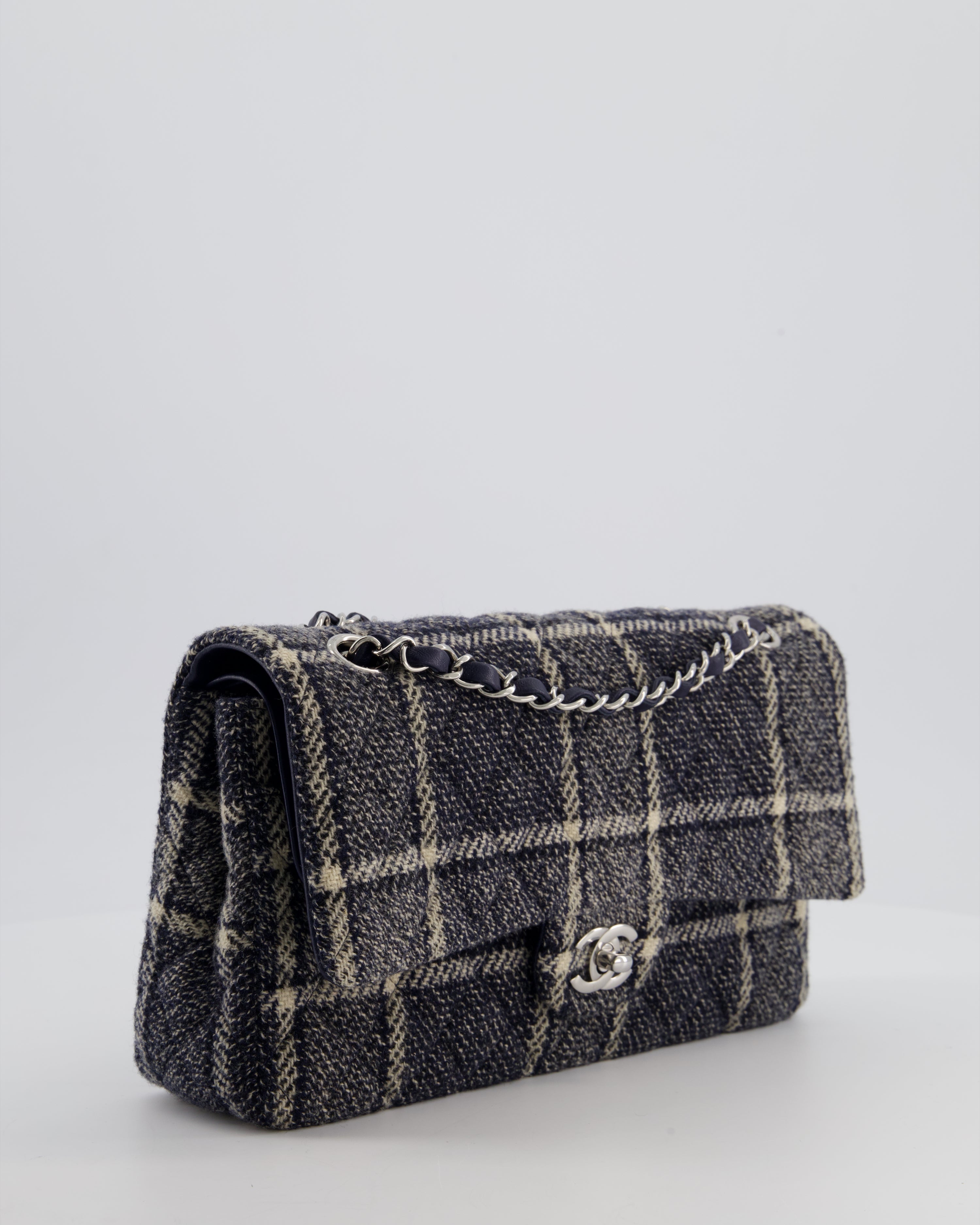 Chanel Medium Classic Double Flap Bag in Navy and Cream Tweed Check Fabric with Silver Hardware