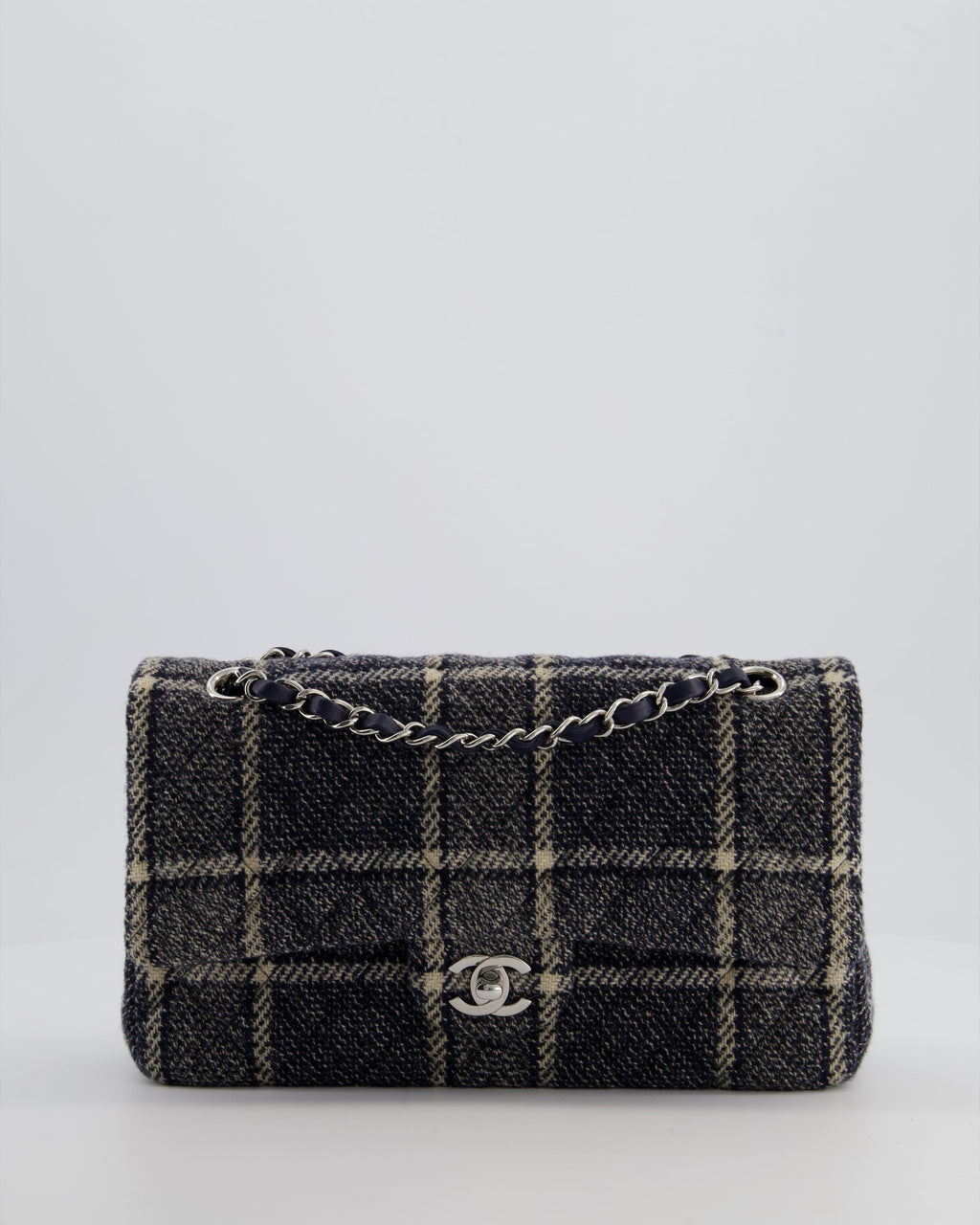 Chanel Medium Classic Double Flap Bag in Navy and Cream Tweed Check Fabric with Silver Hardware