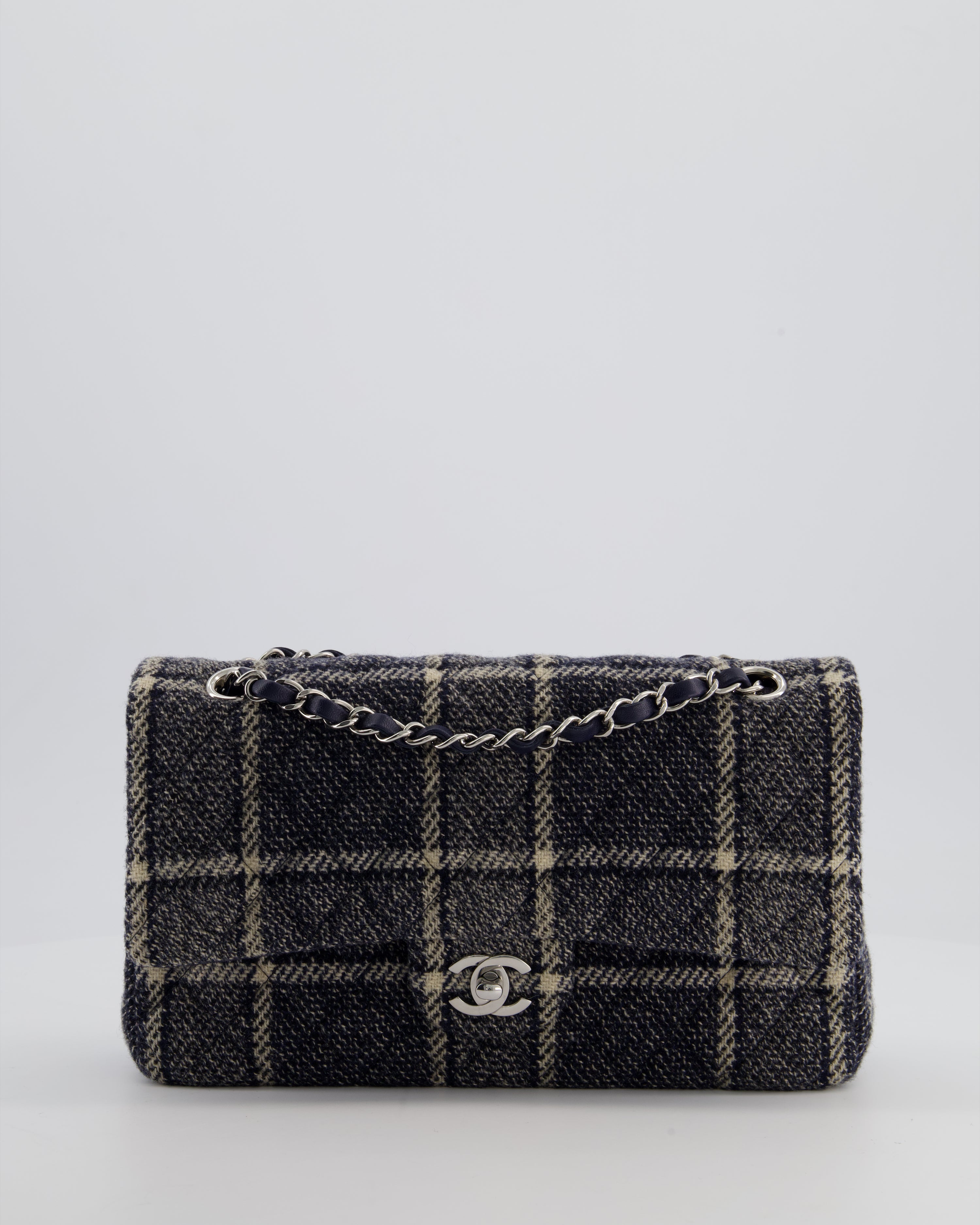Chanel Medium Classic Double Flap Bag in Navy and Cream Tweed Check Fabric with Silver Hardware